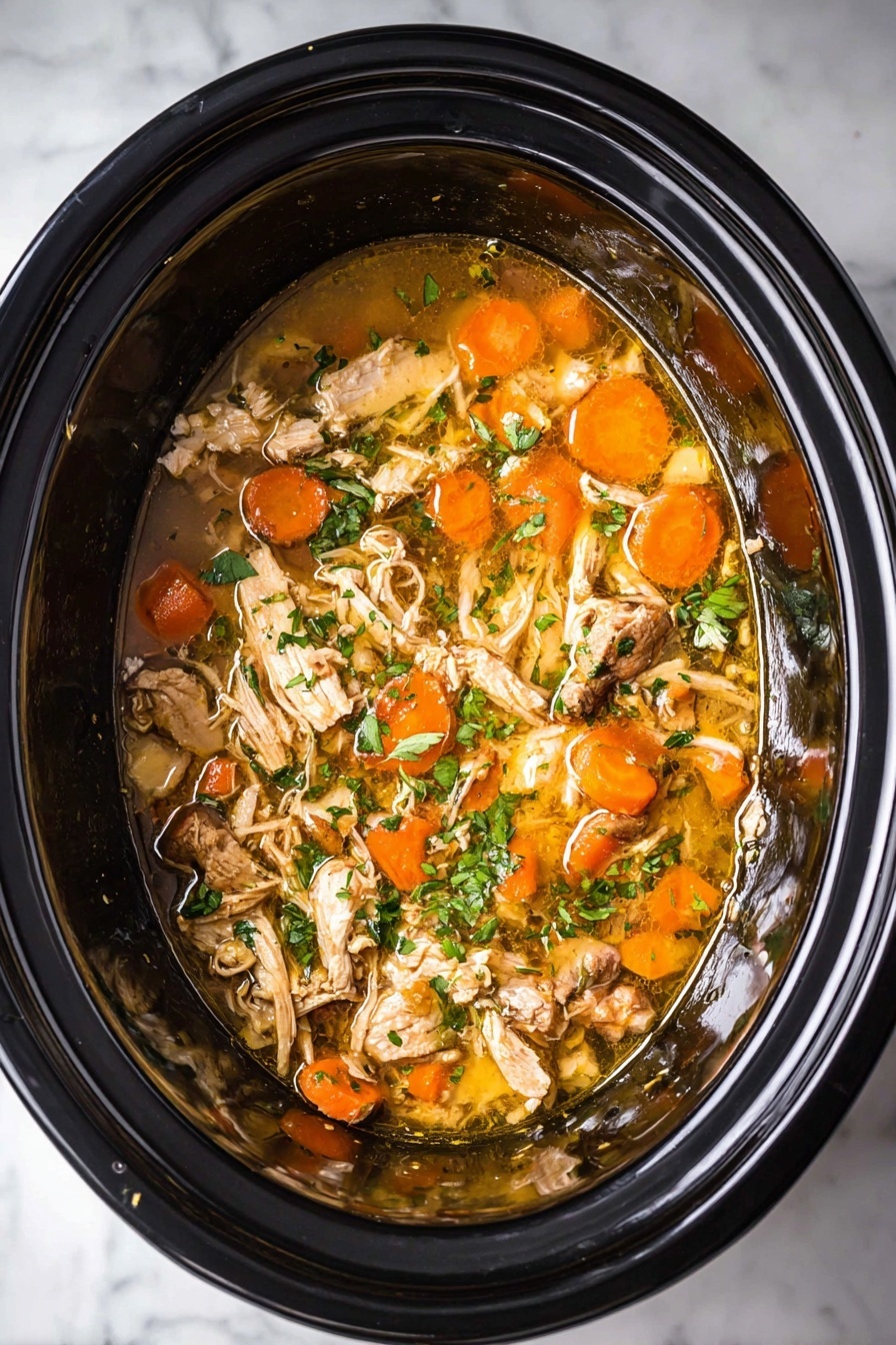 Crockpot Chicken Thighs and Vegetables, slow cooker chicken and veggies, easy crockpot chicken dinner, tender chicken thigh recipes, healthy crockpot recipes - Inside a black slow cooker, there is a mix of shredded light brown chicken pieces and small round orange carrot slices, all sitting in a shiny golden broth. The food is sprinkled with small bright green herb leaves, adding a fresh touch. The black sides of the slow cooker curve around the food, with some bits sticking near the top edge. The cooker is placed on a white marbled surface. photo taken with an iphone --ar 2:3 --v 7