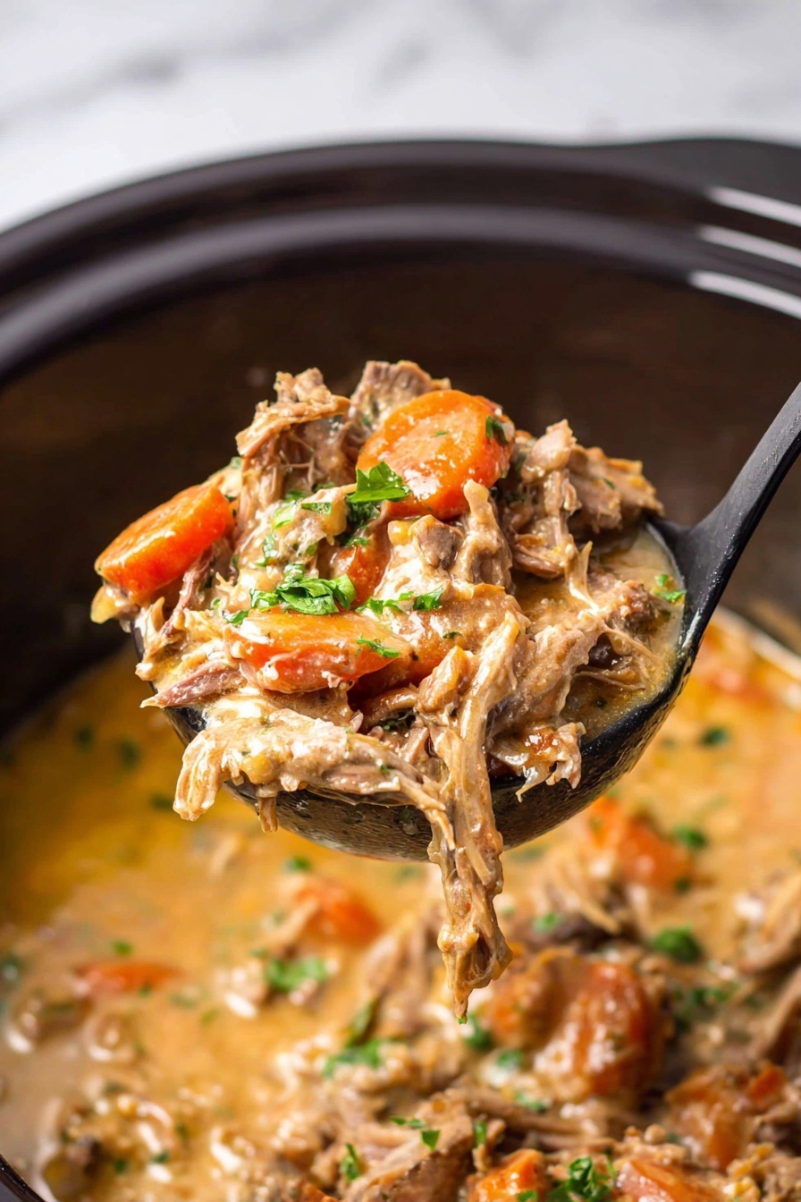 Crockpot Chicken Thighs and Vegetables, slow cooker chicken and veggies, easy crockpot chicken dinner, tender chicken thigh recipes, healthy crockpot recipes - A black ladle is lifting a spoonful of thick stew from a dark pot. The stew has shredded light brown meat mixed with soft, bright orange carrot slices and small bits of fresh green herbs on top. The stew is coated in a glossy, creamy sauce that makes the meat and carrots look tender and well cooked. The background shows more stew in the pot, with similar colors and chunky texture, all set against a white marbled surface. photo taken with an iphone --ar 2:3 --v 7