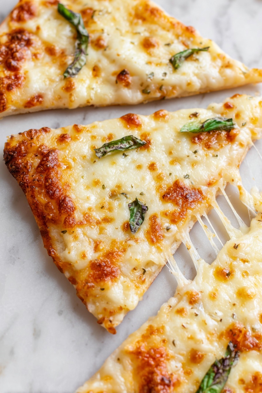 Garlic White Pizza with Parmesan, garlic white pizza, cheesy garlic pizza, homemade garlic pizza, parmesan white pizza - The image shows three triangular slices of pizza on a white marbled surface. Each slice has a thin, light golden crust layered with melted cheese that is creamy white with bubbly golden brown spots on top. Small green basil leaves are scattered on the cheese, adding a fresh contrast to the warm colors. Some cheese is stretching slightly off the edges of the slices, showing a soft texture. The slices are placed close together, filling the frame with their warm and inviting look. photo taken with an iphone --ar 2:3 --v 7