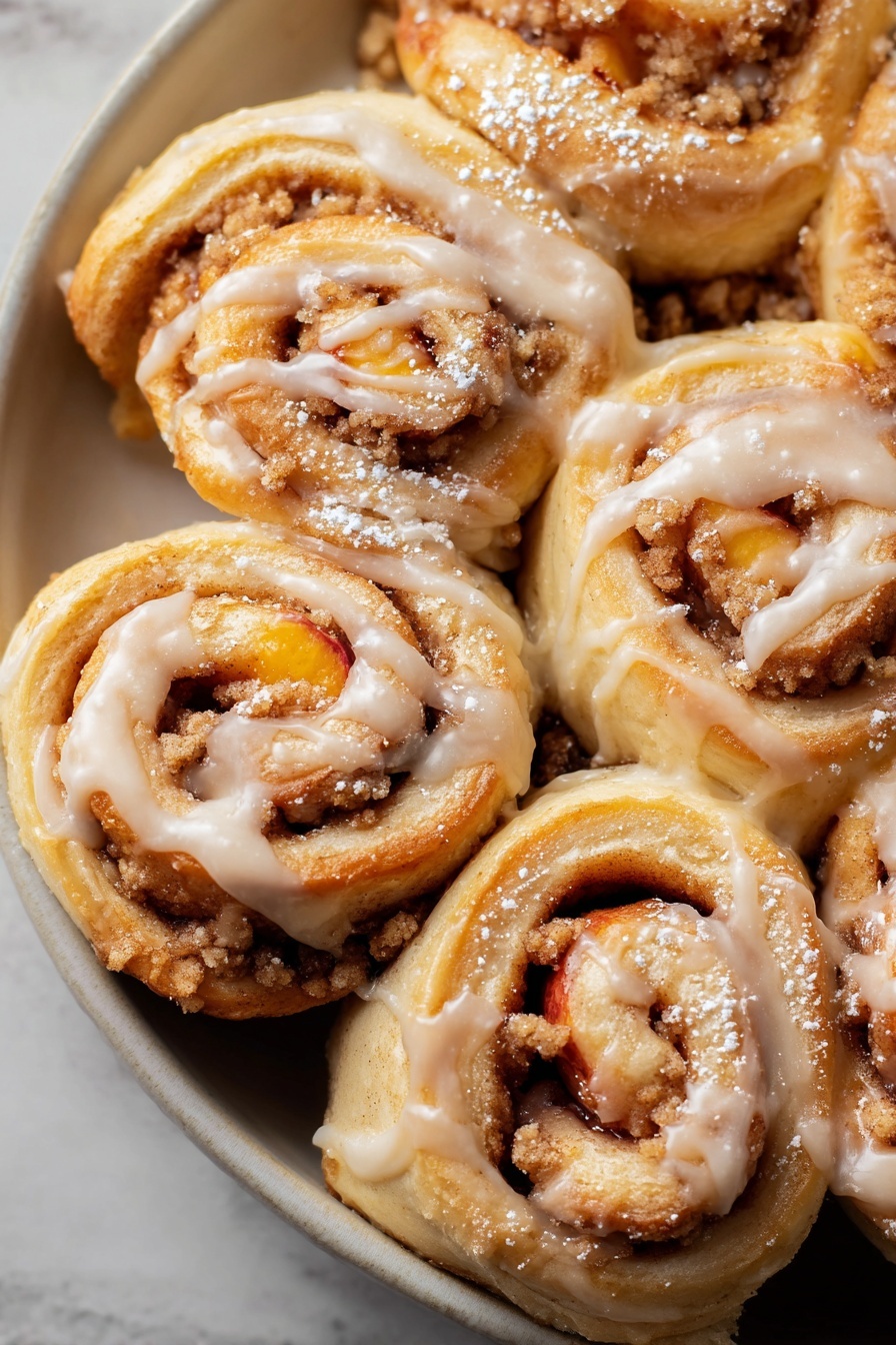 Peach Cinnamon Rolls with Cream Cheese Frosting, peach cinnamon roll recipe, cinnamon rolls with peach filling, easy peach cinnamon rolls, homemade peach rolls - The image shows a close-up of several swirled cinnamon rolls with three visible layers: the base layer is light golden brown dough with a soft, flaky texture; the middle layer has crunchy, crumbly cinnamon sugar filling in shades of brown with some bright orange peach slices tucked inside; the top layer is drizzled with creamy, pale beige icing that glistens on the surface and is dusted lightly with white powdered sugar, all placed in a white bowl on a white marbled surface. photo taken with an iphone --ar 2:3 --v 7