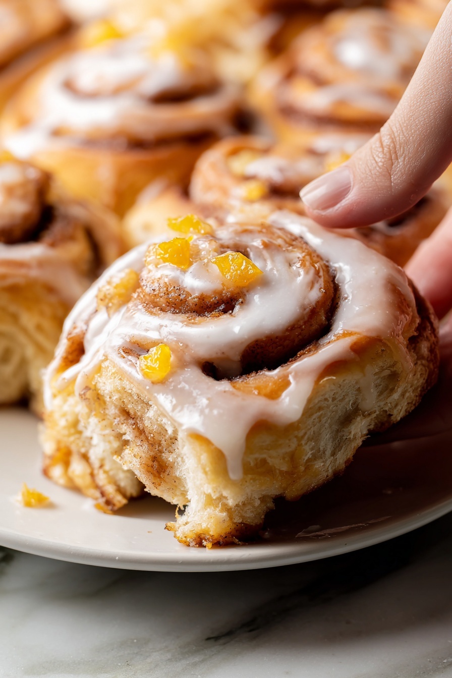 Peach Cinnamon Rolls with Cream Cheese Frosting, peach cinnamon roll recipe, cinnamon rolls with peach filling, easy peach cinnamon rolls, homemade peach rolls - A close-up view of a cinnamon roll being gently lifted by a woman's hand, showing its soft, golden-brown layers filled with cinnamon and sugar swirls. The roll is covered with a smooth white glaze that drips over the edges, and small bright yellow pieces are scattered on top and inside, adding color contrast. The roll sits on a white plate, set against a white marbled surface, with other cinnamon rolls blurred in the background. The dough looks fluffy and light with a slightly browned crust. photo taken with an iphone --ar 2:3 --v 7