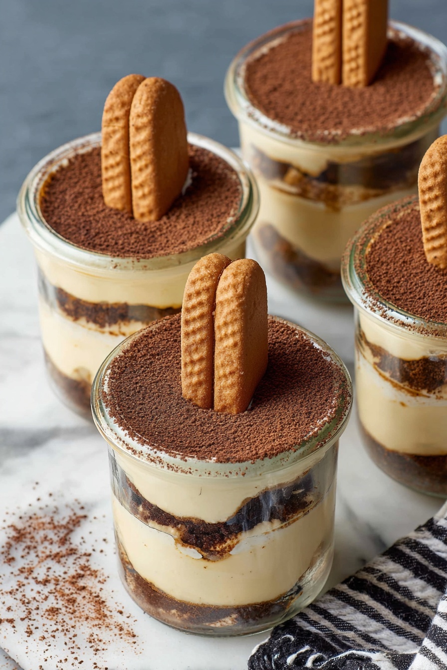 Biscoff Tiramisu, Biscoff dessert, cookie butter tiramisu, caramelized cookie tiramisu, Biscoff layered dessert - Four small clear glass jars are filled with a dessert showing three layers of light tan creamy filling alternating with two thin layers of crushed dark brown crumbs. On top of each jar is a dusting of dark cocoa powder and a light brown rectangular biscuit placed vertically, slightly tilted. The jars sit on a white marbled surface with some parts of a black and white striped cloth visible in the background. Photo taken with an iphone --ar 2:3 --v 7