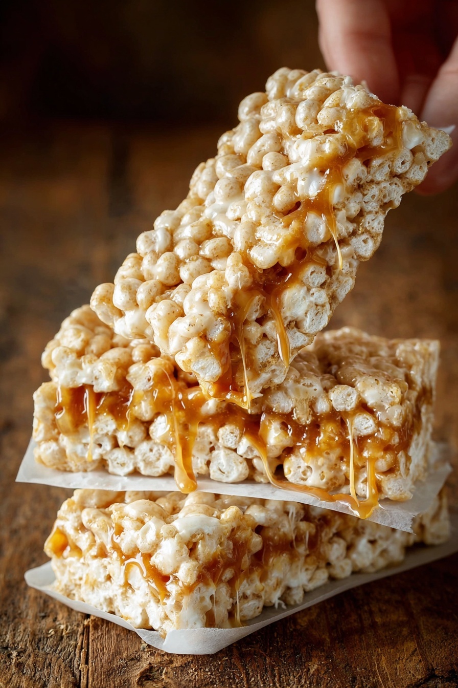 Brown Butter Dulce de Leche Rice Krispie Treats, Rice Krispie Treats with Dulce de Leche, Gourmet Rice Krispie Bars, Nutty Brown Butter Rice Krispies, Easy Dulce de Leche Dessert - A close-up view shows a rectangular crispy rice treat being pulled apart by two woman's hands, revealing many thin, stretchy white marshmallow strands inside. The treat's surface is rough and textured with small puffed rice pieces stuck together by the light tan marshmallow mixture. The background is blurred with other rice treats inside a white marbled surface setting. photo taken with an iphone --ar 2:3 --v 7