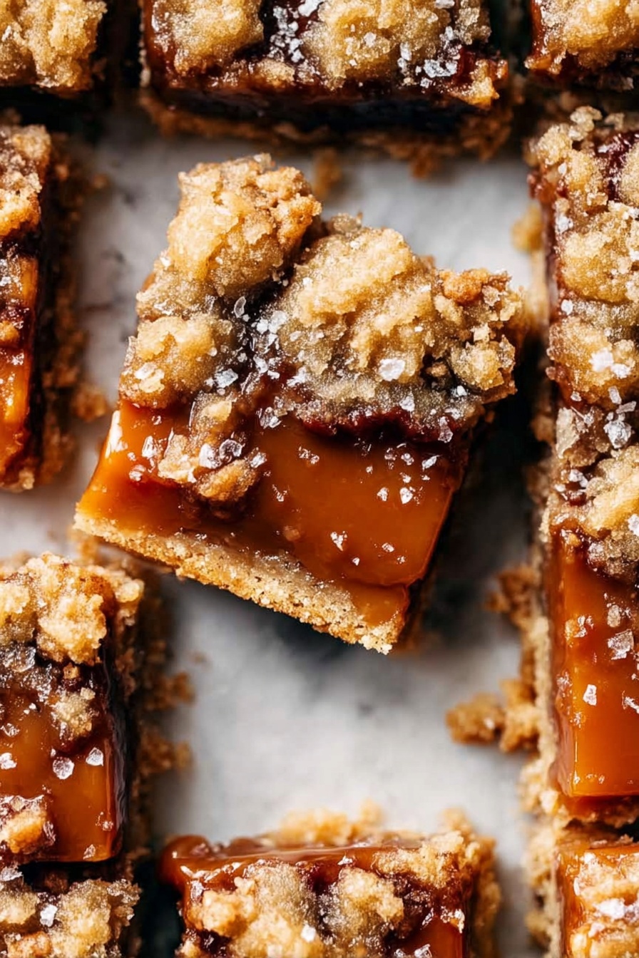 Salted Caramel Chocolate Chip Oat Bars, salted caramel bars with chocolate and oats, homemade caramel oat bars, chocolate chip oatmeal bars, easy salted caramel treat - The image shows square pieces of a dessert bar arranged close together on a white marbled surface. Each bar has three visible layers: a bottom crust layer that is golden brown and crumbly, a middle layer of rich, glossy caramel with a smooth texture, and a top layer of crumbly dough in light beige color with small, uneven chunks scattered across. Some caramel oozes out between the layers, making the bars look sticky and soft. Light salt flakes are sprinkled on the top, adding a bit of sparkle. The bars are cut in a way that reveals all layers clearly. Photo taken with an iphone --ar 2:3 --v 7