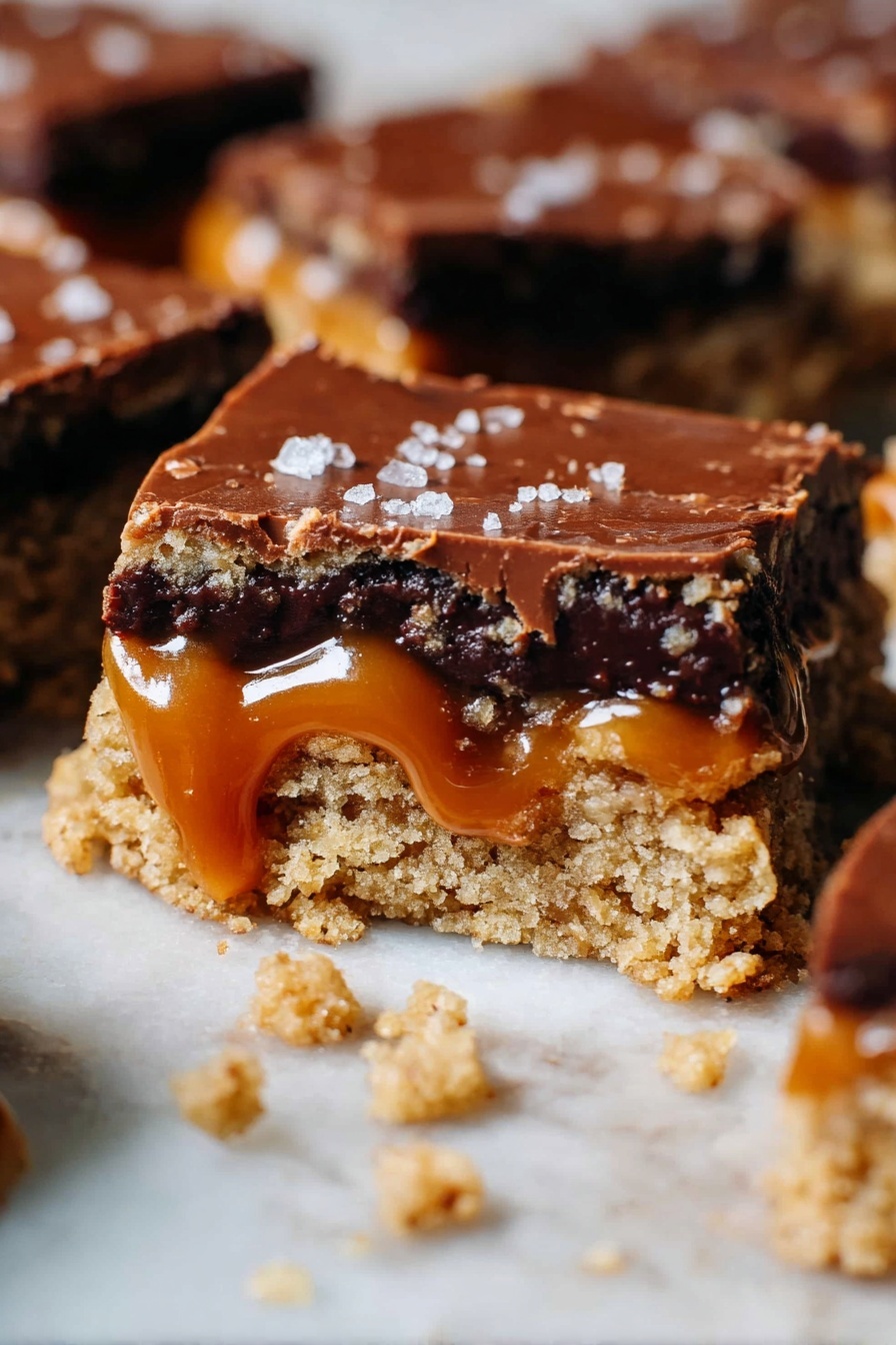 Salted Caramel Chocolate Chip Oat Bars, salted caramel bars with chocolate and oats, homemade caramel oat bars, chocolate chip oatmeal bars, easy salted caramel treat - This close-up image shows a thick bar dessert with three main layers. The bottom layer is a crumbly, light brown cookie base with a rough texture. The middle layer is dark, melted chocolate that looks soft and rich. The top layer is a smooth, shiny caramel that slightly drips down the sides. Small coarse salt flakes are scattered on the caramel. The dessert pieces are placed on a white marbled surface, with a few scattered crumbs around. Photo taken with an iphone --ar 2:3 --v 7