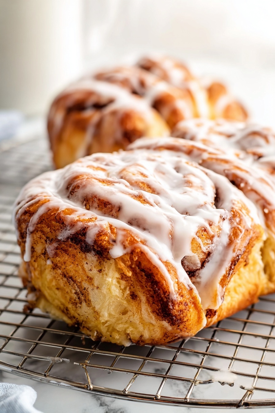 Cinnamon Monkey Bread with Creamy Icing, easy cinnamon monkey bread, homemade cinnamon pull-apart bread, buttery cinnamon sweet treat, cinnamon bread with glaze - The image shows a close-up of a rectangular metal baking pan with soft, golden-brown pull-apart bread topped with a thick cinnamon sugar coating. The bread is arranged in rows with visible sections and a fluffy, slightly textured surface. Thick white icing is being poured over the top from a textured white ceramic jug by a woman's hand. The pan is placed on a round metal cooling rack, and the background is a white marbled surface with a blurred blue and white striped cloth in the distance. photo taken with an iphone --ar 2:3 --v 7