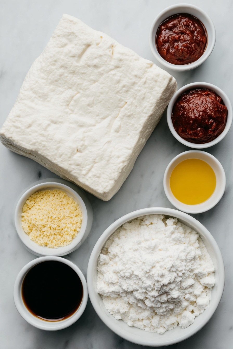 Crispy Gochujang Korean Tofu, Korean tofu recipe, spicy tofu stir-fry, vegan Korean dishes, crispy tofu ideas - Flat lay of a fresh block of extra firm tofu, a small white bowl of dark tamari soy sauce, a small white bowl of pale cornstarch powder, a small white bowl filled with light golden gluten free breadcrumbs, a small white bowl of vibrant red gochujang chili paste, a small white bowl of deep red tomato paste, a small white bowl of clear vegetable broth, a small white bowl of golden honey, a small white bowl of toasted sesame oil, a small white bowl of translucent rice vinegar, a small white bowl of minced fresh garlic, a small white bowl of grated fresh ginger, a small white bowl with a white mixture of cornstarch and water, placed on a clean white marble surface, soft natural light, photo taken with an iPhone, professional food photography style, fresh ingredients, white ceramic bowls, no bottles, no duplicates, no utensils, no packaging --ar 2:3 --v 7 --p m7354615311229779997