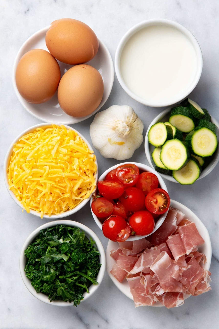 Easy Vegetable Frittata, vegetable frittata, healthy breakfast ideas, quick brunch recipes, veggie egg bake - Flat lay of two whole brown eggs with smooth shells, a small white ceramic bowl of fresh whole milk, a few sprigs of bright green fresh parsley, a small white bowl filled with shredded sharp orange cheddar cheese, one peeled garlic bulb with two cloves separated, half of a small red onion with neatly sliced rings visible, a small pile of chopped sweet potato cubes with vibrant orange color, evenly sliced light green zucchini rounds, several chopped pieces of glossy red bell pepper, a handful of roughly chopped fresh dark green spinach leaves, a small white bowl with halved ripe cherry tomatoes showing a bright red interior, a few pale quartered artichoke hearts, and four thin slices of rosy pink prosciutto all arranged symmetrically on simple white ceramic dishes and bowls, placed on a clean white marble surface, soft natural light, photo taken with an iPhone, professional food photography style, fresh ingredients, white ceramic bowls, no bottles, no duplicates, no utensils, no packaging --ar 2:3 --v 7 --p m7354615311229779997