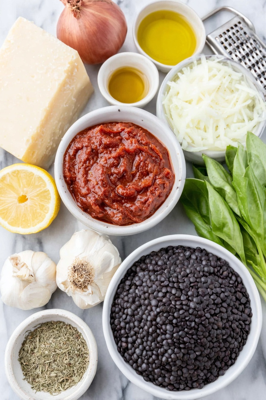 Creamy Lentil Pasta with Sun-Dried Tomatoes, Lentil Pasta Recipe, Vegan Pasta with Sun-Dried Tomatoes, Vegetarian Lentil Pasta, Easy Creamy Pasta - Flat lay of a small mound of dry black lentils, a small white ceramic bowl of deep red tomato paste, a handful of chopped sun dried tomatoes, a small white bowl with golden oil from sundried tomatoes, a small red onion whole and unpeeled, six whole uncracked garlic cloves arranged neatly, a small white bowl of fennel seeds, a small white bowl holding smoked paprika powder, a small white bowl filled with Italian seasoning herbs, a small white bowl of vegetable stock, a small white bowl of thick heavy cream, a wedge of lemon showing bright yellow peel and juicy interior, a small bunch of fresh green basil leaves, a block of Italian hard cheese with a fine grater beside it on white ceramic plate—all ingredients fresh and natural, balanced perfectly with symmetry, placed on a clean white marble surface, soft natural light, photo taken with an iPhone, professional food photography style, fresh ingredients, white ceramic bowls, no bottles, no duplicates, no utensils, no packaging --ar 2:3 --v 7 --p m7354615311229779997