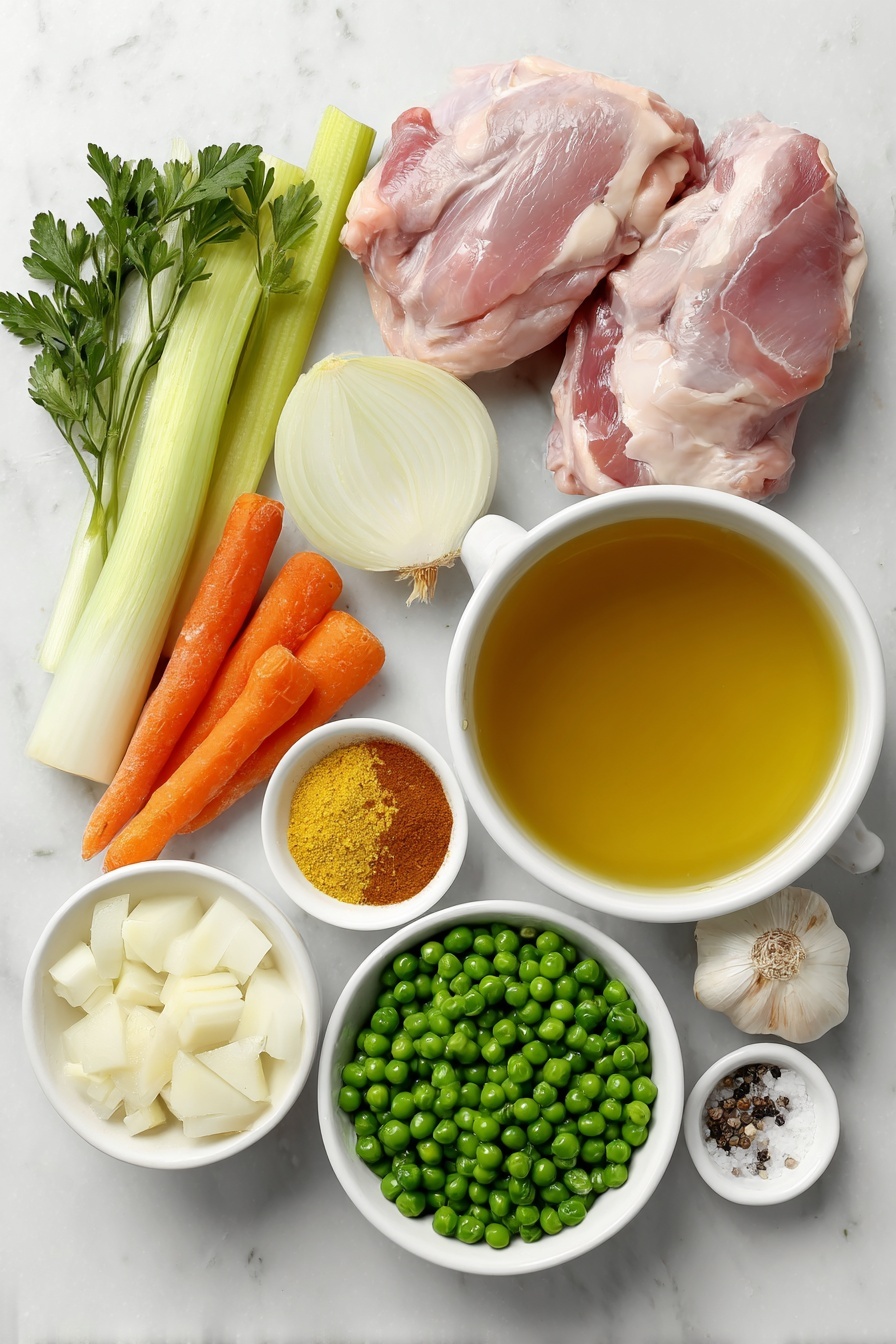 Turmeric Chicken Soup, healthy turmeric soup, nourishing chicken soup, golden turmeric chicken bowl, easy turmeric soup recipe - Flat lay of a small white ceramic bowl of golden olive oil, a medium whole yellow onion diced, a halved large leek showing white and light green parts thinly sliced, three fresh bright orange carrots thinly sliced, three crisp green celery stalks thinly sliced, three whole uncracked garlic cloves, a small white ceramic bowl with bright yellow turmeric powder, a small white ceramic bowl with a warm brown poultry seasoning blend, a large white ceramic bowl filled with rich golden chicken broth, a large white ceramic bowl with smooth white coconut milk, two raw boneless skinless chicken thighs with natural pinkish hue, a small white ceramic bowl of vibrant green frozen peas, a small bunch of fresh parsley with bright green leaves, a small white ceramic bowl of coarse kosher salt, a small white ceramic bowl of freshly ground black pepper placed on a clean white marble surface, soft natural light, photo taken with an iPhone, professional food photography style, fresh ingredients, white ceramic bowls, no bottles, no duplicates, no utensils, no packaging --ar 2:3 --v 7 --p m7354615311229779997