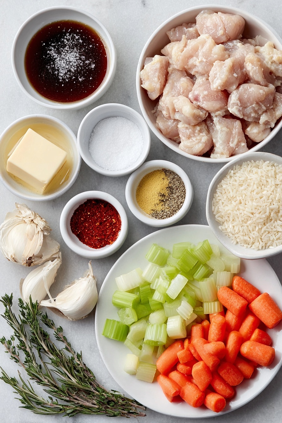 Creamy Chicken and Rice Soup, hearty chicken and rice soup, easy chicken and rice soup, comforting soup recipes, one-pot chicken soup - Flat lay of boneless, skinless chicken thighs cut into bite-sized pieces in a simple white ceramic bowl, a small mound of kosher salt crystals on a white ceramic dish, a small white ceramic bowl with Italian seasoning blend, a small white ceramic bowl containing bright yellow mustard powder, a small white ceramic bowl filled with deep red paprika, a small white ceramic bowl with crushed red chili flakes, a few tablespoons of unsalted butter on a white ceramic plate, a medium yellow onion halved and diced on a white ceramic dish, three peeled and diced large carrots arranged neatly on a white ceramic plate, three stalks of fresh celery diced on a white ceramic dish, four whole fresh garlic cloves unpeeled on a white ceramic plate, fresh thyme sprigs, fresh rosemary sprigs both placed side by side on a white ceramic dish, a small heap of all-purpose flour on a white ceramic plate, a small white ceramic bowl filled with clear chicken broth, a small white ceramic bowl with creamy half and half, a small white ceramic bowl with dark soy sauce, a small white ceramic bowl with bright red hot sauce, a small pile of uncooked long grain white rice on a white ceramic plate, a wedge of Parmesan cheese with a small mound of cracked black peppercorns and fresh sprigs of parsley arranged gracefully on a white ceramic plate, all placed on a clean white marble surface, soft natural light, photo taken with an iPhone, professional food photography style, fresh ingredients, white ceramic bowls, no bottles, no duplicates, no utensils, no packaging --ar 2:3 --v 7 --p m7354615311229779997