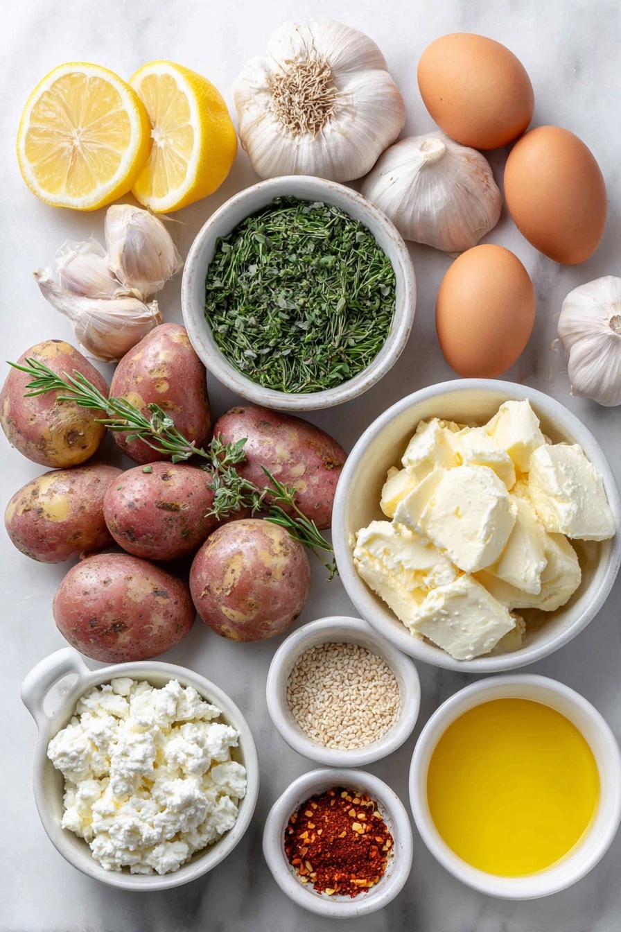 Crispy Oregano Roasted Potatoes with Feta Sauce, roasted potato side dish, oregano roasted potatoes, feta sauce recipe, flavorful potato side - Flat lay of halved mixed baby potatoes with their natural skin colors, quartered fresh lemon wedges with bright yellow rinds and juicy interiors, whole garlic cloves with their smooth white papery skins slightly smashed, a small white ceramic bowl filled with chopped fresh oregano leaves, a small white ceramic bowl holding vibrant mixed chopped herbs of basil, dill, and parsley, two whole uncracked brown eggs, a small white ceramic bowl of golden extra virgin olive oil, a small white ceramic bowl of creamy white crumbled feta cheese, a small white ceramic bowl with soft cream cheese, a small white ceramic bowl containing bright yellow honey, a small white ceramic bowl filled with pale beige sesame seeds, a small white ceramic bowl with deep red chili flakes, a small white ceramic bowl with smoky paprika powder, and a small white ceramic bowl of coarse kosher salt — all perfectly arranged in balanced symmetry on a clean white marble surface, soft natural light, photo taken with an iPhone, professional food photography style, fresh ingredients, white ceramic bowls, no bottles, no duplicates, no utensils, no packaging --ar 2:3 --v 7 --p m7354615311229779997