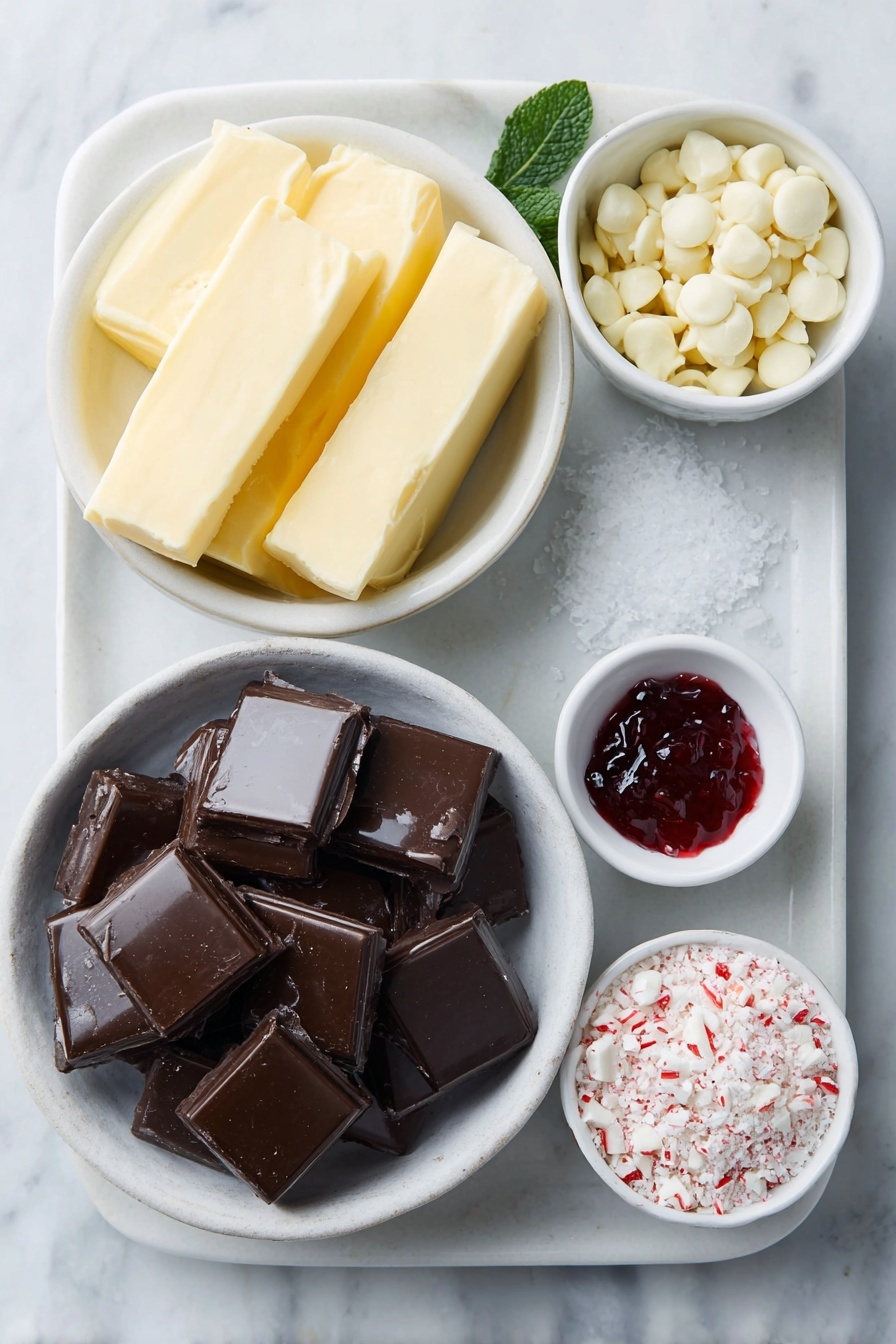 Peppermint Swirl Fudge, peppermint fudge, holiday fudge recipe, easy peppermint fudge, Christmas fudge dessert - Flat lay of a simple white ceramic bowl filled with glossy semi-sweet chocolate chips, a small white bowl holding unsalted butter chunks, a small white bowl with thick sweetened condensed milk, a clean glass vial of peppermint extract (exclude since no bottles allowed—replace with a sprig of fresh peppermint leaves), a pinch of salt crystals scattered neatly, a separate simple white ceramic bowl filled with smooth white chocolate chips, a tiny white bowl containing vibrant red gel food coloring drops, a small white bowl with crushed red and white peppermint candies, all arranged symmetrically and naturally on a clean white marble surface, soft natural light, photo taken with an iPhone, professional food photography style, fresh ingredients, white ceramic bowls, no bottles, no duplicates, no utensils, no packaging --ar 2:3 --v 7 --p m7354615311229779997