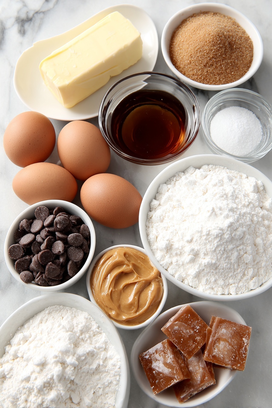 Caramel Chocolate Chip Bars, caramel chocolate chip bars, chocolate caramel bars, easy caramel dessert, chewy chocolate bars - Flat lay of a stick of softened butter, a small mound of packed brown sugar, a small mound of white granulated sugar, two whole uncracked brown eggs, a small white bowl of clear vanilla extract, a small heap of all-purpose flour, a small pile of baking soda powder, a small pile of salt, a small white bowl filled with milk chocolate chips, a small white bowl of unwrapped golden caramel chews, a small white bowl of pale creamy evaporated milk, a small white bowl of smooth light brown peanut butter, all arranged with perfect symmetry on a clean white marble surface, soft natural light, photo taken with an iPhone, professional food photography style, fresh ingredients, white ceramic bowls, no bottles, no duplicates, no utensils, no packaging --ar 2:3 --v 7 --p m7354615311229779997