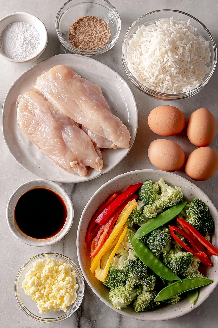 Teriyaki Chicken Casserole, easy chicken casserole recipes, weeknight dinner ideas, homemade teriyaki sauce, delicious chicken bake - Flat lay of a plump raw boneless skinless chicken breast, a handful of fresh stir-fry vegetables including bright green broccoli florets, thin orange carrot sticks, and crisp snow peas, a small mound of fluffy cooked white rice on a simple white ceramic plate, a small white bowl of dark soy sauce, a small white bowl of light brown granulated brown sugar, a small white bowl of clear water, a small white bowl containing pale yellow cornstarch powder, a small white bowl holding finely minced fresh garlic, a small white bowl with ground light brown ginger powder, and two whole uncracked brown eggs arranged symmetrically on a clean white marble surface, soft natural light, photo taken with an iPhone, professional food photography style, fresh ingredients, white ceramic bowls, no bottles, no duplicates, no utensils, no packaging --ar 2:3 --v 7 --p m7354615311229779997