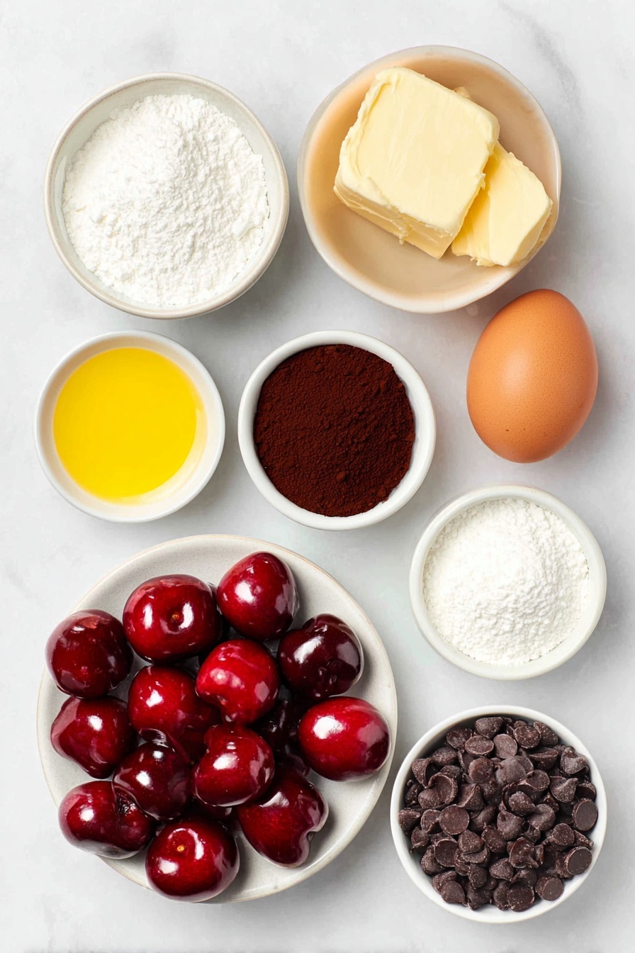 Chocolate Cherry Brownies, cherry brownies with chocolate, fudgy cherry chocolate dessert, homemade chocolate cherry brownies, easy cherry brownie recipe - Flat lay of fresh halved cherries with vibrant red flesh arranged beside a small white ceramic bowl of white granulated sugar, two large whole brown eggs and a single whole brown egg yolk resting on a simple white ceramic plate, a small white ceramic bowl holding smooth melted unsalted butter, another small white ceramic bowl filled with clear light vegetable oil, a small white ceramic bowl of dark brown Dutch process cocoa powder, a small white ceramic bowl of all-purpose flour, a small white ceramic bowl containing fine white cornstarch, a small white ceramic bowl with white salt grains, and a small white ceramic bowl brimming with glossy semi-sweet chocolate chips, all ingredients spaced evenly and symmetrically placed on a clean white marble surface, soft natural light, photo taken with an iPhone, professional food photography style, fresh ingredients, white ceramic bowls, no bottles, no duplicates, no utensils, no packaging --ar 2:3 --v 7 --p m7354615311229779997
