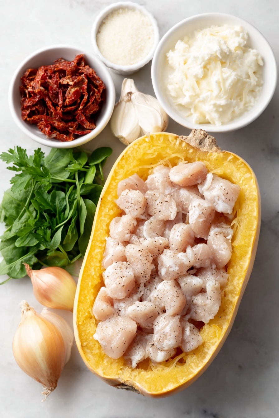 Tuscan Chicken with Spaghetti Squash, healthy chicken and spaghetti squash dish, low-carb chicken recipes, easy Italian chicken dinner, flavorful spaghetti squash meals - Flat lay of a medium whole spaghetti squash cut in half showing its seeds, a pile of bite-sized raw boneless skinless chicken pieces seasoned with salt, pepper, and Italian seasoning, two tablespoons of butter shaped into neat pats, four whole peeled garlic cloves, one whole shallot unpeeled, a small white ceramic bowl with thin julienne strips of sun-dried tomatoes, a small white ceramic bowl filled with heavy cream, a small white ceramic bowl with grated Parmesan cheese, a handful of fresh baby spinach leaves, a few sprigs of fresh parsley all arranged symmetrically on a clean white marble surface, soft natural light, photo taken with an iPhone, professional food photography style, fresh ingredients, white ceramic bowls, no bottles, no duplicates, no utensils, no packaging --ar 2:3 --v 7 --p m7354615311229779997