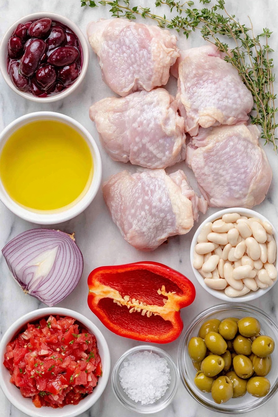 Spanish Chicken in Bravas Sauce, Spanish chicken recipe, chicken in spicy tomato sauce, Mediterranean chicken dinner, easy Spanish chicken dish - Flat lay of fresh raw chicken thighs with smooth skin, a small mound of coarse sea salt crystals, a white ceramic bowl with bright golden olive oil, a whole red bell pepper sliced lengthwise showing its seeds, a chopped yellow onion with white and purple layers, a few fresh thyme sprigs with tiny green leaves, several garlic cloves sliced thinly, a small white bowl filled with vibrant chopped red tomatoes, a small white bowl of clear water, a small white bowl holding deep red wine vinegar, a small white bowl filled with plump white cannellini beans, a small white bowl with shiny green olives, and a few sprigs of fresh flat-leaf parsley with bright green leaves, all arranged symmetrically on a clean white marble surface, soft natural light, photo taken with an iPhone, professional food photography style, fresh ingredients, white ceramic bowls, no bottles, no duplicates, no utensils, no packaging --ar 2:3 --v 7 --p m7354615311229779997