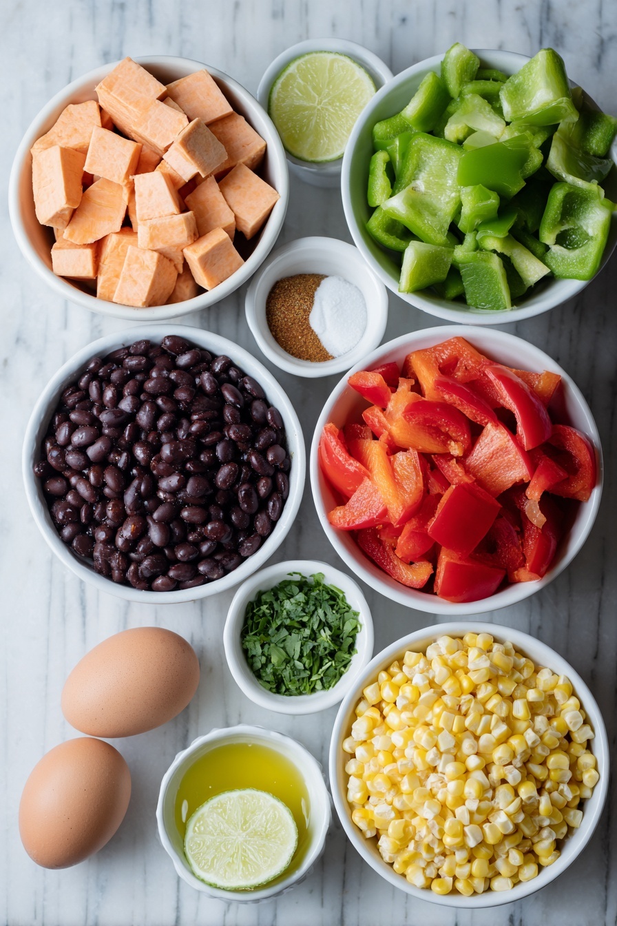 Black Bean Sweet Potato Tacos, healthy vegetarian tacos, easy vegan taco recipe, plant-based taco ideas, flavorful roasted sweet potato tacos - Flat lay of fresh cubed sweet potatoes, two medium green bell peppers cut into chunks, one medium red bell pepper cut into chunks, a small white ceramic bowl of rinsed black beans, a small white ceramic bowl of thawed yellow corn kernels, a small white ceramic bowl with a golden honey drizzle, a small white ceramic bowl of fresh chopped cilantro, a small white ceramic bowl of bright lime juice, a small white ceramic bowl of ground cumin, a small white ceramic bowl of paprika, a small white ceramic bowl of garlic powder, a small white ceramic bowl of onion powder, a small white ceramic bowl of ground coriander, a small white ceramic bowl of sea salt, a small white ceramic bowl of black pepper, two tablespoons of golden olive oil in a small white ceramic bowl, and two uncracked brown eggs arranged symmetrically, placed on a clean white marble surface, soft natural light, photo taken with an iPhone, professional food photography style, fresh ingredients, white ceramic bowls, no bottles, no duplicates, no utensils, no packaging --ar 2:3 --v 7 --p m7354615311229779997