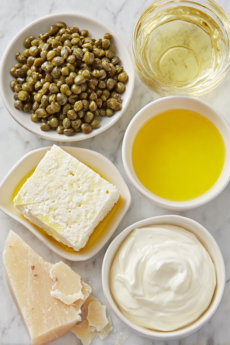 Lemon Caper Sauce for Pasta and Fish, lemon caper pasta sauce, citrus fish sauce recipe, quick lemon caper sauce, tangy seafood pasta sauce - Flat lay of a small cluster of fresh green capers, a wedge of pale yellow parmesan with a few shavings scattered nearby, a small white ceramic bowl filled with rich heavy cream, a small white ceramic bowl holding bright yellow freshly squeezed lemon juice, and a small white ceramic bowl containing clear, pale golden white wine, all arranged symmetrically on a clean white marble surface, soft natural light, photo taken with an iPhone, professional food photography style, fresh ingredients, white ceramic bowls, no bottles, no duplicates, no utensils, no packaging --ar 2:3 --v 7 --p m7354615311229779997