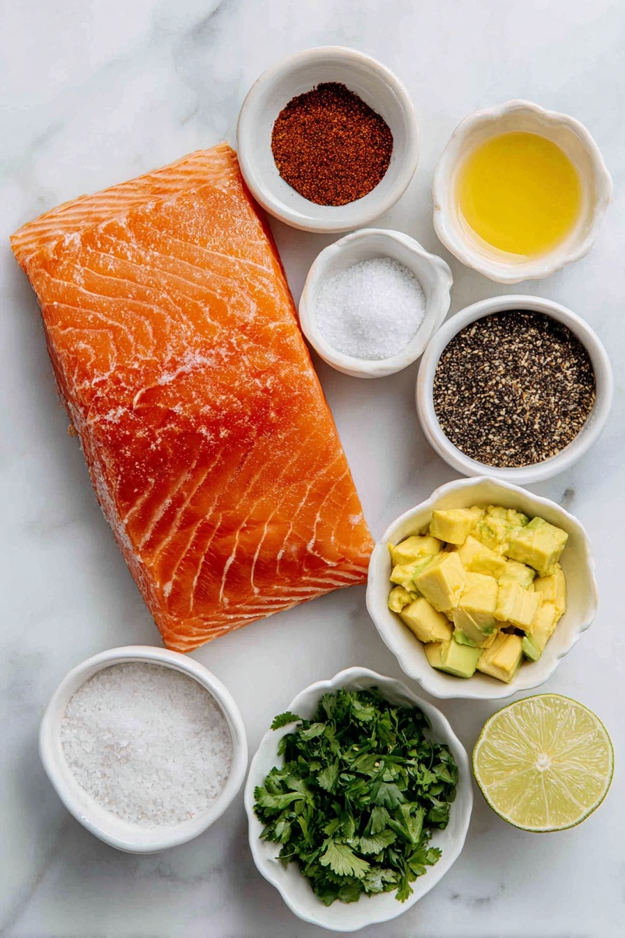 Spice Rubbed Salmon with Avocado Salsa, spicy salmon recipe, healthy salmon dinner, quick salmon recipe, flavorful fish dishes - Flat lay of a fresh salmon filet with bright orange-pink flesh and smooth skin, a small white bowl of smoked paprika powder in deep red color, a small white bowl of ground cumin in warm brown, a small white bowl of garlic powder in pale off-white, a small white bowl with coarse salt crystals, a small white bowl containing golden olive oil, a small white bowl with amber honey, three ripe green avocados diced into chunky cubes, a small bunch of fresh cilantro with vibrant green leaves, a small white bowl filled with clear pale red wine vinegar, a small white bowl holding bright green lime juice, a small white bowl with fiery red pepper flakes, a single whole garlic bulb with clean white papery skin, and a small white bowl with additional salt crystals, all carefully arranged in a perfectly symmetrical, realistic proportion flat lay, placed on a clean white marble surface, soft natural light, photo taken with an iPhone, professional food photography style, fresh ingredients, white ceramic bowls, no bottles, no duplicates, no utensils, no packaging --ar 2:3 --v 7 --p m7354615311229779997