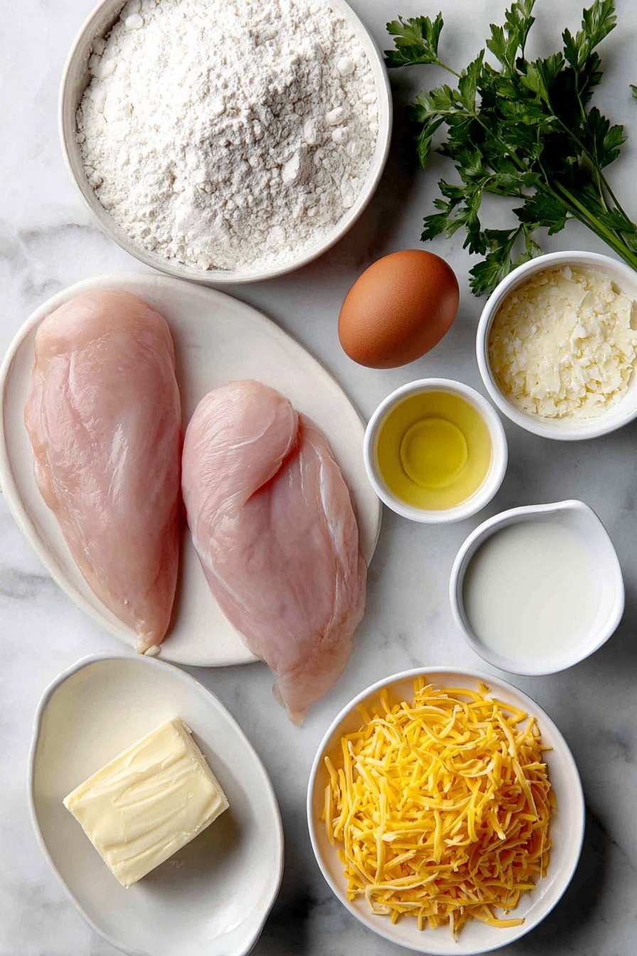 Pretzel Crusted Chicken with Cheddar Sauce, crunchy chicken with pretzel coating, cheesy chicken dinner, easy pretzel chicken recipe, flavorful chicken with cheddar sauce - Flat lay of two raw boneless skinless chicken breasts, a small pile of crushed salted pretzels, a small mound of plain white flour, a small white bowl with whole uncracked brown egg, a small white bowl of neutral clear oil, a few sprigs of fresh green parsley, a small white bowl of pale yellow butter, a small white bowl of smooth Dijon mustard, a small white bowl of fresh white milk, a small pile of shredded bright orange cheddar cheese, all arranged symmetrically with balanced proportions on simple white ceramic dishes and bowls, placed on a clean white marble surface, soft natural light, photo taken with an iPhone, professional food photography style, fresh ingredients, white ceramic bowls, no bottles, no duplicates, no utensils, no packaging --ar 2:3 --v 7 --p m7354615311229779997