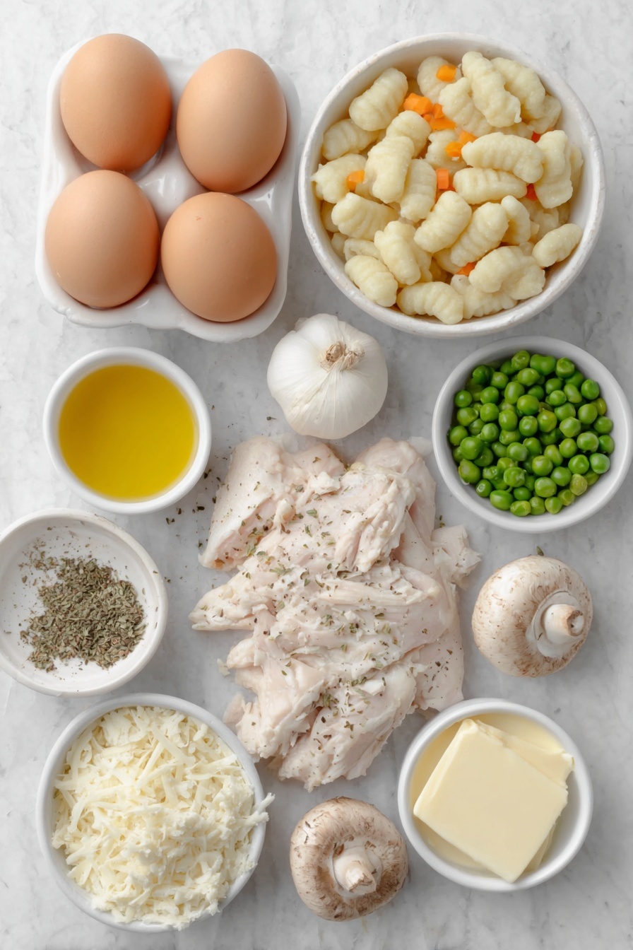 One Pot Gnocchi Chicken Pot Pie, one pot chicken pot pie, easy gnocchi chicken dinner, creamy chicken and gnocchi recipe, comforting one pot meal - Flat lay of fresh whole uncracked eggs with clean shells, sliced orange carrots, thinly sliced green celery ribs, sliced white and brown mushrooms, a whole large shallot with some chopped pieces, fresh garlic cloves, small white ceramic bowl of golden melted butter, small white ceramic bowl with creamy almond milk, small white ceramic bowl with chicken broth, raw uncooked light yellow gluten free gnocchi, cooked shredded white chicken breast, small white ceramic bowl of bright green frozen peas, small white ceramic bowl with a mix of poultry seasoning and dried thyme, simple homemade seasoning salt and coarse black pepper sprinkled lightly on the surface, all ingredients arranged symmetrically and balanced, placed on a clean white marble surface, soft natural light, photo taken with an iPhone, professional food photography style, fresh ingredients, white ceramic bowls, no bottles, no duplicates, no utensils, no packaging --ar 2:3 --v 7 --p m7354615311229779997