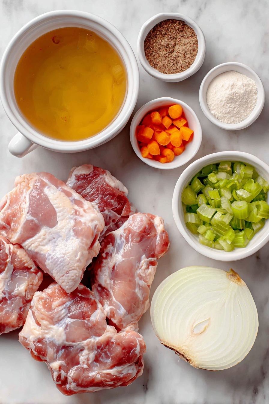 Crockpot Chicken Thighs and Vegetables, slow cooker chicken and veggies, easy crockpot chicken dinner, tender chicken thigh recipes, healthy crockpot recipes - Flat lay of boneless skinless chicken thighs arranged neatly, a few bright orange carrot slices, fresh green celery stalks sliced, a halved white onion with visible layers, a small white ceramic bowl filled with golden chicken stock, another small white bowl containing a fine light brown powder blend representing au jus and chicken gravy mix, a small white bowl with a pale beige powder for garlic powder, a similar bowl with fine off-white onion powder, and a tiny white bowl holding coarse black pepper, all placed symmetrically on a clean white marble surface, soft natural light, photo taken with an iPhone, professional food photography style, fresh ingredients, white ceramic bowls, no bottles, no duplicates, no utensils, no packaging --ar 2:3 --v 7 --p m7354615311229779997