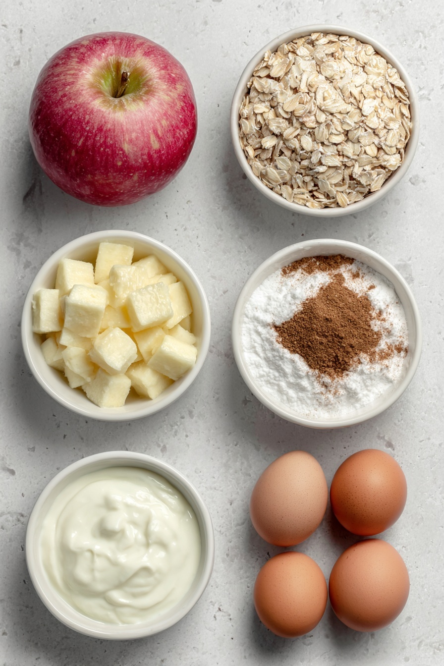 Healthy Apple Oatmeal Cake, Healthy Apple Oatmeal Cake, wholesome apple oatmeal cake, gluten-free apple oatmeal dessert, easy healthy cake - Flat lay of a small pile of rolled oats, a large peeled apple chopped into chunks, a few whole brown eggs with clean shells, a small white ceramic bowl filled with golden honey, another small white bowl containing creamy yogurt, a small white bowl with softened butter, a neat mound of ground cinnamon powder, a small heap of fine baking powder, and a small heap of baking soda, arranged symmetrically on a clean white marble surface, soft natural light, photo taken with an iPhone, professional food photography style, fresh ingredients, white ceramic bowls, no bottles, no duplicates, no utensils, no packaging --ar 2:3 --v 7 --p m7354615311229779997