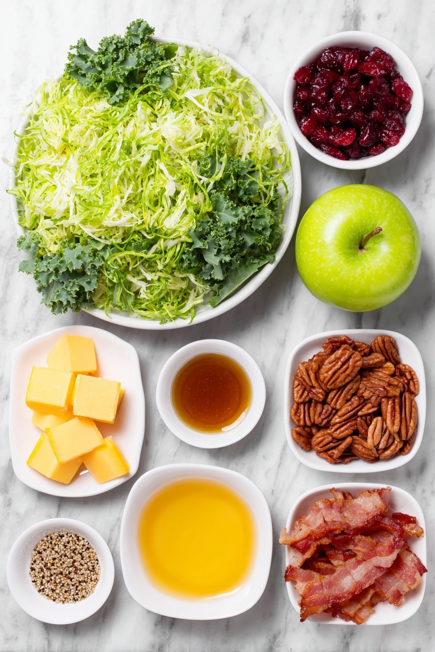 Brussels Sprout Kale Apple Salad, healthy kale and Brussels sprout salad, crunchy apple and kale salad, easy fall salad recipe, vibrant veggie salad - Flat lay of thinly shaved fresh Brussels sprouts, loosely piled fresh dark green kale leaves sliced into ribbons, a whole bright green Granny Smith apple cut to reveal crisp white interior, roughly chopped toasted pecans, a small pile of deep red dried cranberries, neat cubes of sharp orange cheddar cheese, five cooked crispy bacon strips crumbled, a small minced shallot mound, three small white ceramic bowls containing extra virgin olive oil, apple cider vinegar, and a honey-mustard vinaigrette with visible mustard seeds, all arranged with perfect symmetry and balanced proportions, placed on a clean white marble surface, soft natural light, photo taken with an iPhone, professional food photography style, fresh ingredients, white ceramic bowls, no bottles, no duplicates, no utensils, no packaging --ar 2:3 --v 7 --p m7354615311229779997