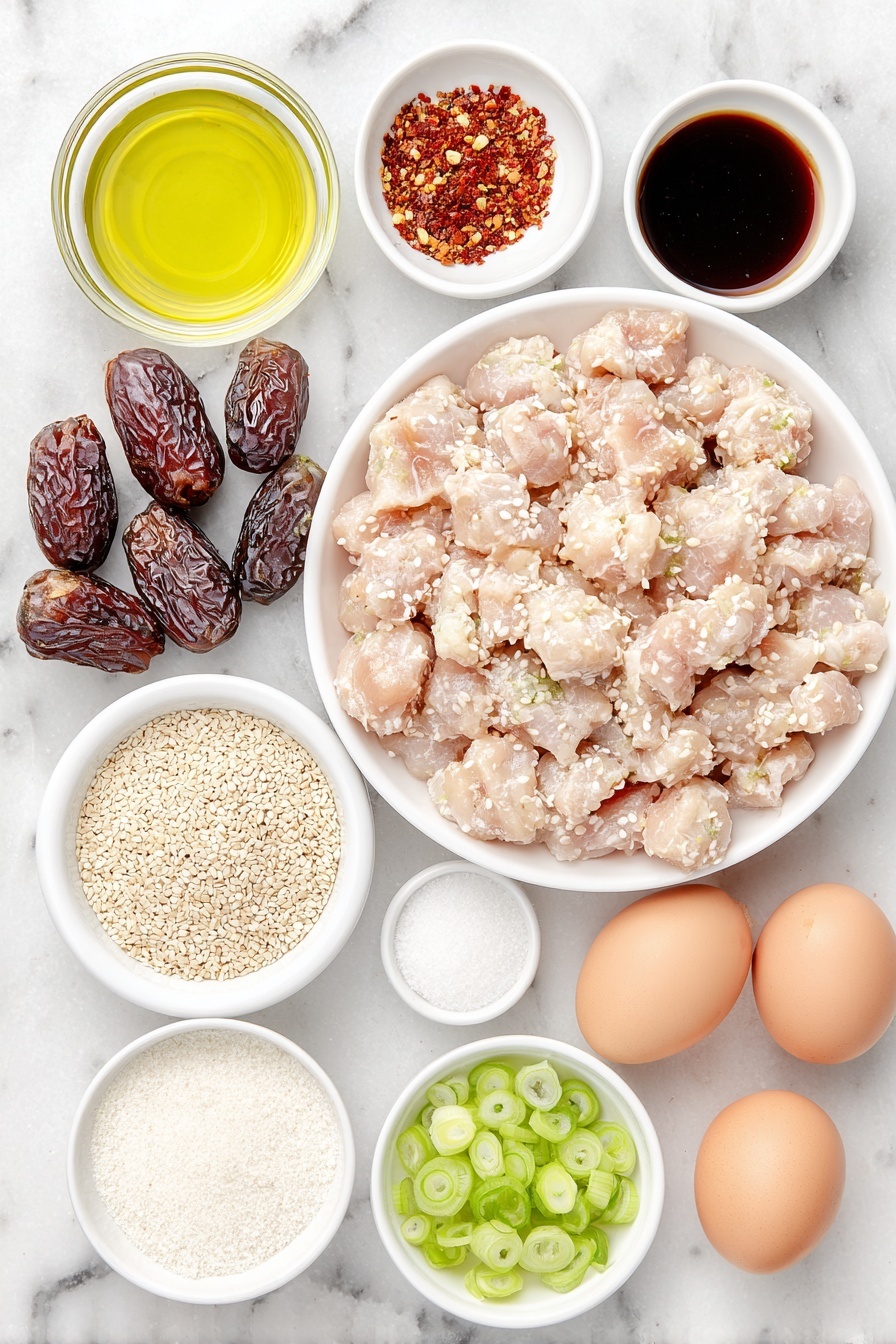 Paleo Sesame Chicken, healthy paleo chicken, gluten-free sesame chicken, clean eating sesame chicken, paleo-friendly dinner - Flat lay of warm water in a small white bowl, five plump medjool dates, a small white bowl of coconut aminos, a small white bowl of rice vinegar, a small white bowl with arrowroot flour, a small white bowl of sesame oil, a small white bowl with garlic powder, a small white bowl with red pepper flakes, raw boneless skinless chicken thighs cut into bite-sized pieces, a small white bowl filled with tapioca flour mixed with salt and black pepper, two whole brown eggs with clean shells, a small white bowl of avocado oil, a small white bowl of sesame seeds, thinly sliced fresh scallions scattered neatly nearby, all arranged with perfect symmetry on a clean white marble surface, soft natural light, photo taken with an iPhone, professional food photography style, fresh ingredients, white ceramic bowls, no bottles, no duplicates, no utensils, no packaging --ar 2:3 --v 7 --p m7354615311229779997