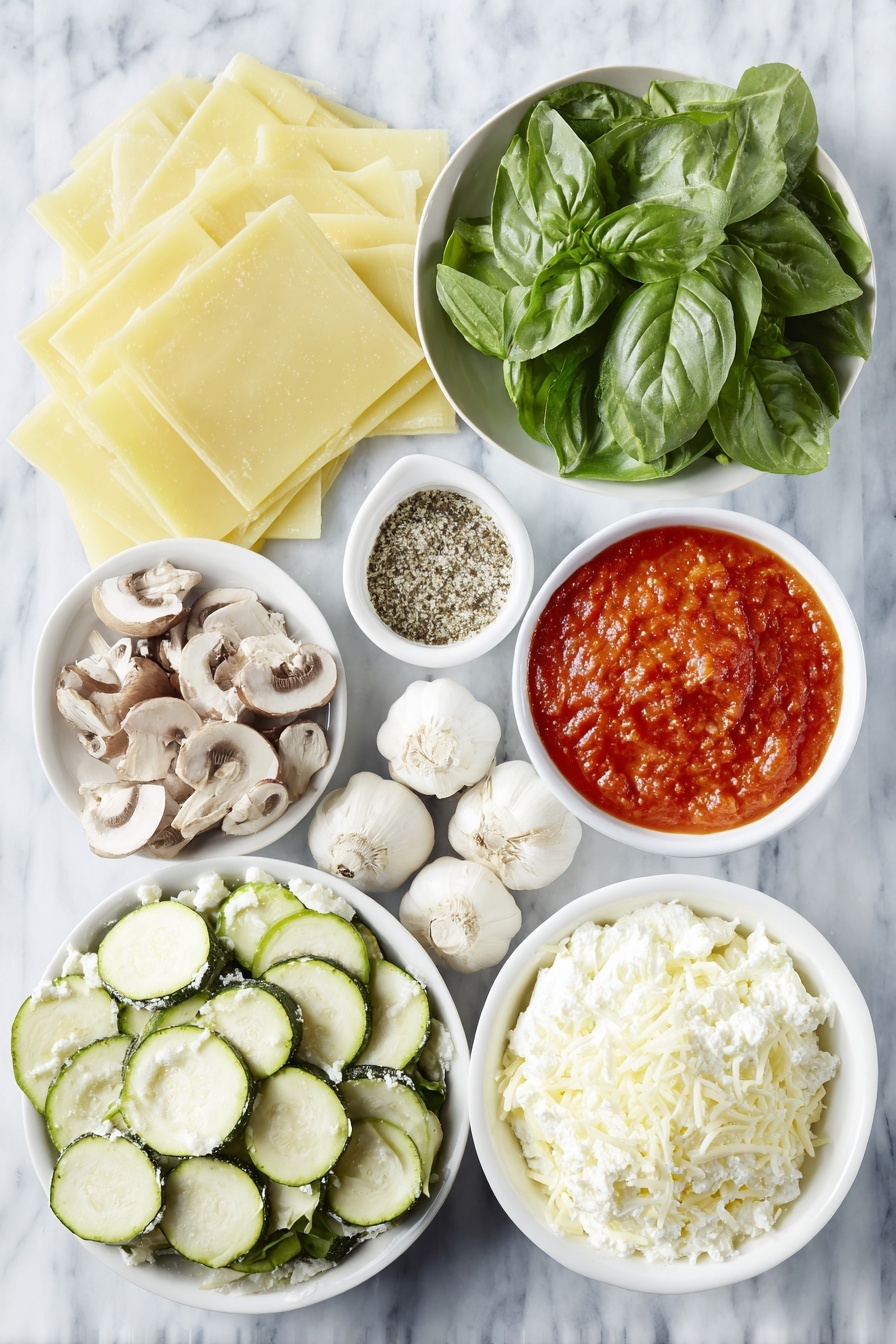 Vegetarian Mushroom Lasagna, mushroom lasagna recipe, vegetarian lasagna, cheesy mushroom lasagna, healthy mushroom lasagna - Flat lay of extra-virgin olive oil in a small white bowl, quartered fresh cremini mushrooms, a red bell pepper cut into 1-inch pieces, medium zucchini cut into half-inch pieces, half a yellow onion cut into half-inch pieces, a few pinches of sea salt and freshly ground black pepper in small white bowls, uncooked whole lasagna noodles, a small white bowl filled with vibrant red marinara sauce, fresh green spinach leaves, grated low-moisture part-skim mozzarella cheese mounded on a simple white ceramic plate, grated pecorino cheese in a small white bowl, a white ceramic bowl with whole milk ricotta cheese, three whole uncracked garlic cloves, fresh lemon zest scattered lightly on the side, fresh basil leaves arranged neatly on a white plate, all placed on a clean white marble surface, soft natural light, photo taken with an iPhone, professional food photography style, fresh ingredients, white ceramic bowls, no bottles, no duplicates, no utensils, no packaging --ar 2:3 --v 7 --p m7354615311229779997