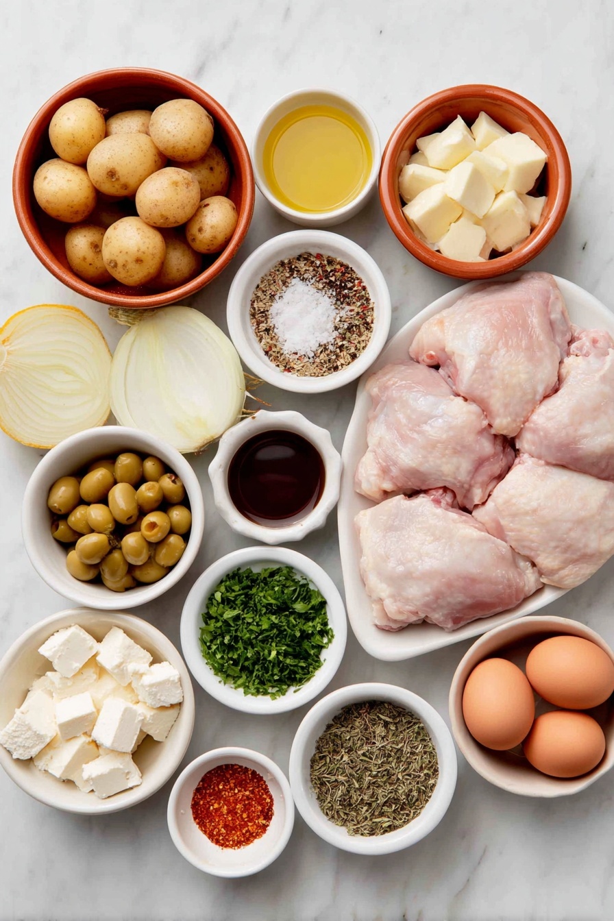 Greek Garlic Butter Chicken and Potatoes, Greek chicken sheet pan meal, garlic butter chicken and potatoes, easy Greek chicken dinner, Mediterranean roasted chicken - Flat lay of halved baby potatoes, whole raw chicken thighs with skin, a halved lemon and lemon slices, a small white bowl of extra virgin olive oil, a small white bowl of red wine vinegar, whole yellow onion sliced into rings, a small mound of cubed feta cheese, a small white bowl of mixed green olives torn, a small white bowl of chopped pepperoncini, a small pile of chopped fresh parsley, oregano, and dill, whole shallot chopped, lightly smashed whole garlic cloves, sliced salted butter pieces, small piles of dried oregano and smoked paprika, whole uncracked brown eggs for natural color balance, coarse kosher salt and black pepper sprinkled artistically, arranged symmetrically on a simple white ceramic plate and bowls placed on a clean white marble surface, soft natural light, photo taken with an iPhone, professional food photography style, fresh ingredients, white ceramic bowls, no bottles, no duplicates, no utensils, no packaging --ar 2:3 --v 7 --p m7354615311229779997