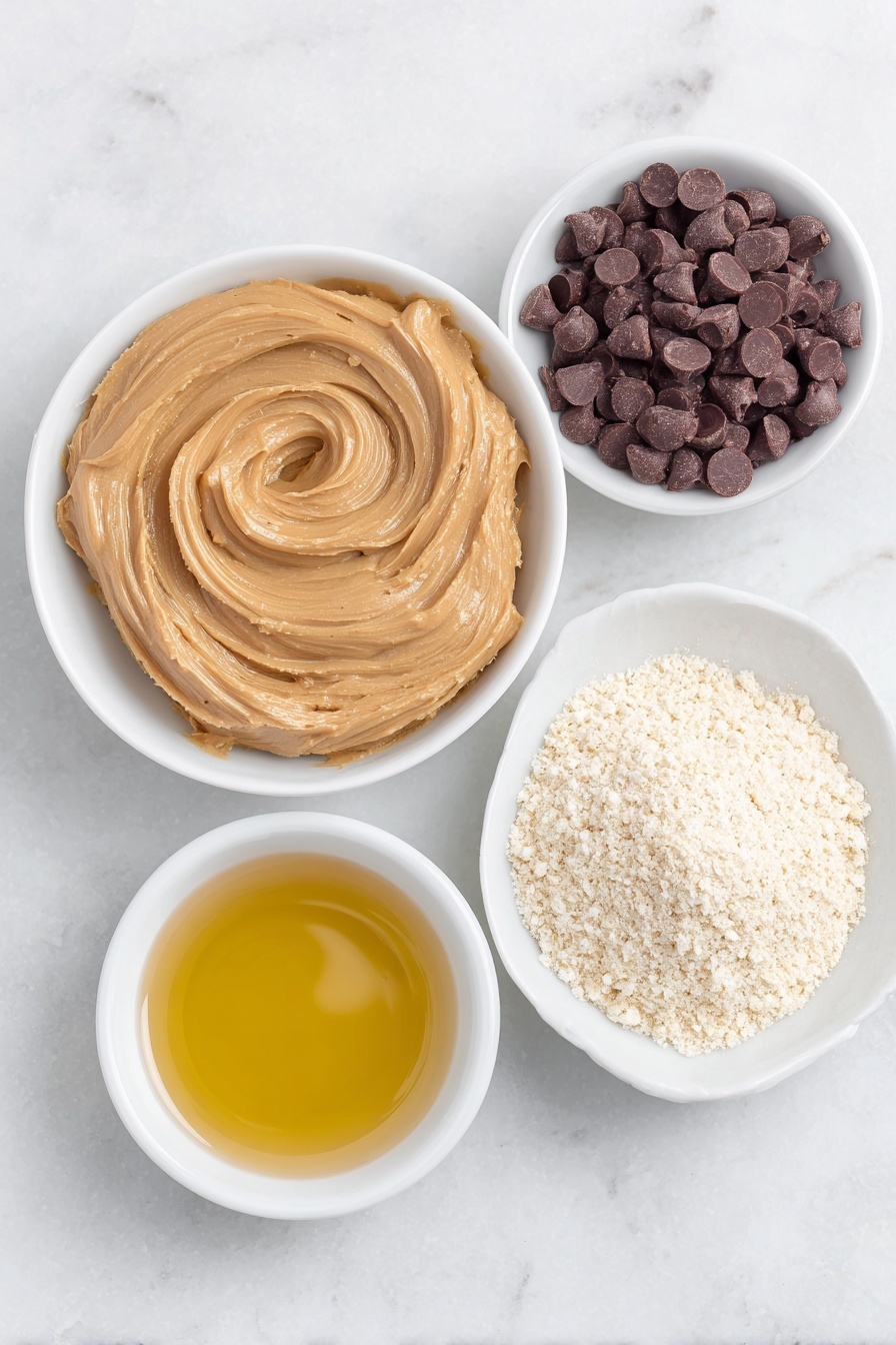 No Bake Peanut Butter Oat Cups, peanut butter oat treats, no bake snack recipes, chocolate peanut butter cups, easy healthy snacks - Flat lay of a smooth swirl of natural peanut butter on a white ceramic plate, a small mound of finely ground oat flour in a white bowl, a small white bowl filled with golden maple syrup, a neat pile of shiny dark chocolate chips on a white dish, a small white bowl containing melted coconut oil, placed on a clean white marble surface, soft natural light, photo taken with an iPhone, professional food photography style, fresh ingredients, white ceramic bowls, no bottles, no duplicates, no utensils, no packaging --ar 2:3 --v 7 --p m7354615311229779997