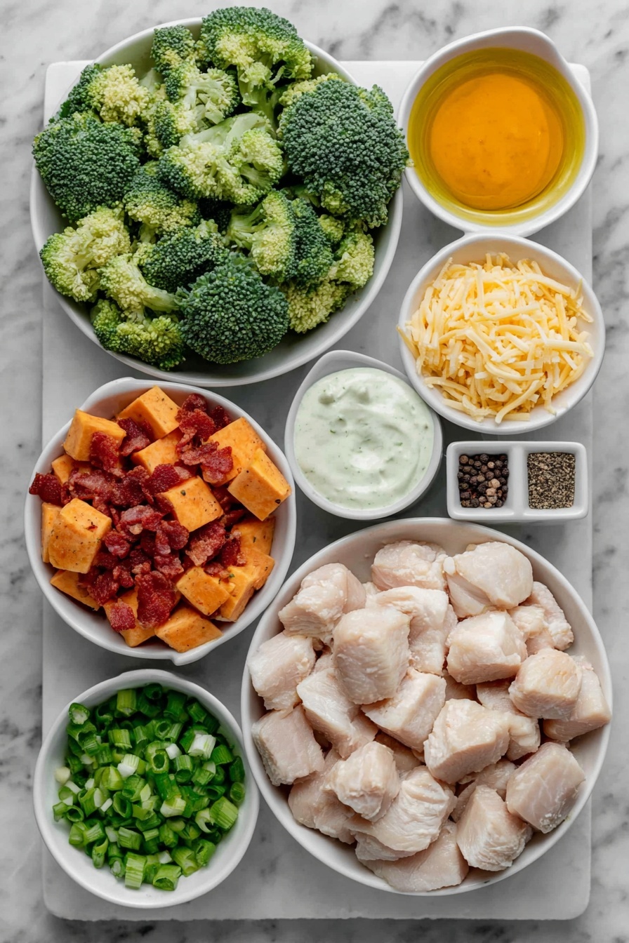 Buffalo Chicken Sweet Potato Casserole, spicy sweet potato casserole, baked buffalo chicken dish, healthy buffalo casserole, easy dinner ideas - Flat lay of boneless chicken breasts cut into cubes, medium sweet potatoes with skin on cut into small cubes, fresh broccoli florets, small white bowl of bright orange buffalo sauce, small white bowl of golden avocado oil, small white bowl of coarse salt, small white bowl of black peppercorns, small white bowl of garlic powder, small white bowl of shredded cheddar cheese, small white bowl of chopped green onions, small white bowl of cooked turkey bacon pieces, small white bowl with a drizzle of creamy ranch dressing, all ingredients arranged in perfect symmetry on simple white ceramic dishes placed on a clean white marble surface, soft natural light, photo taken with an iPhone, professional food photography style, fresh ingredients, white ceramic bowls, no bottles, no duplicates, no utensils, no packaging --ar 2:3 --v 7 --p m7354615311229779997