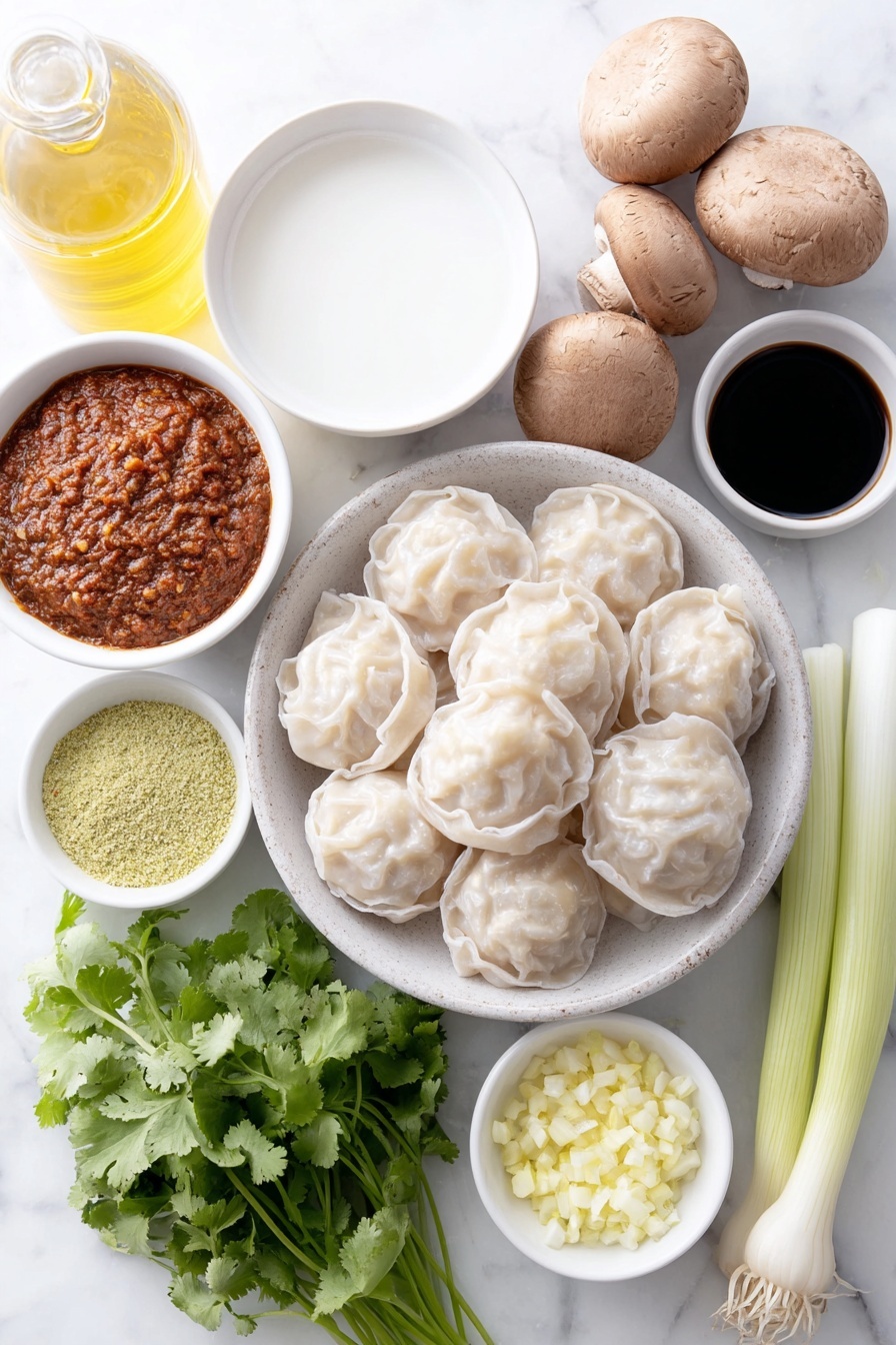 Coconut Curry Soup with Vegan Dumplings, vegan curry soup, coconut curry recipe, vegan soup with dumplings, comforting vegan soup - Flat lay of a small white ceramic bowl of red Thai curry paste, a small white ceramic bowl of full-fat coconut milk, a small white ceramic bowl of vegetable broth, a small white ceramic bowl of soy sauce, a small white ceramic bowl of avocado oil, a small white ceramic bowl of sugar, a small white ceramic bowl of salt, a small white ceramic bowl of minced garlic, a small bunch of fresh cilantro with bright green leaves, a small bunch of scallions with white bulbs and green tops, several whole cremini mushrooms with smooth brown caps, a small heap of diced white onion, a neat pile of frozen vegan dumplings with translucent skins, a small white ceramic bowl of chili oil, and a small white ceramic bowl of crunchy garlic pieces, all arranged with perfect symmetry and realistic proportions, placed on a clean white marble surface, soft natural light, photo taken with an iPhone, professional food photography style, fresh ingredients, white ceramic bowls, no bottles, no duplicates, no utensils, no packaging --ar 2:3 --v 7 --p m7354615311229779997