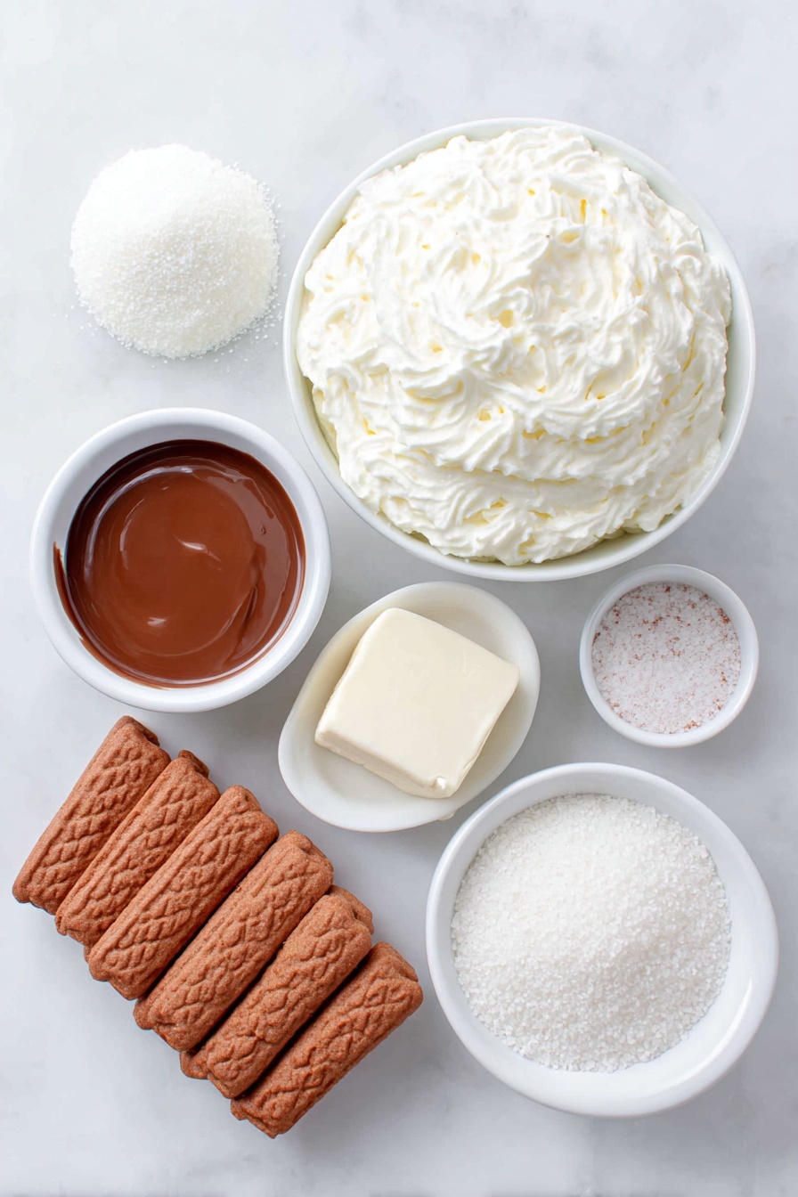 No-Bake Cookie Butter Icebox Cake, Cookie Butter Dessert, No-Bake Layered Cake, Easy No-Bake Cookies, No-Bake Dessert Recipes - Flat lay of a small mound of smooth, creamy mascarpone cheese, a small heap of white confectioner's sugar, a few whole Lotus Biscoff cookies arranged in a neat stack, a small white bowl filled with rich, glossy Lotus Biscoff spread, a larger white bowl of thick, softly whipped heavy cream with medium peaks, a small white bowl holding clear vanilla extract, and a small pinch of coarse kosher salt crystals scattered beside it, all placed on a clean white marble surface, soft natural light, photo taken with an iPhone, professional food photography style, fresh ingredients, white ceramic bowls, no bottles, no duplicates, no utensils, no packaging --ar 2:3 --v 7 --p m7354615311229779997