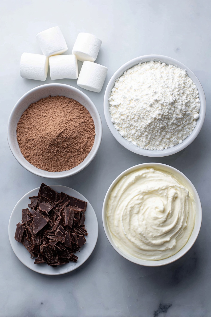 Whipped Hot Chocolate, hot chocolate with whipped cream, cozy winter drinks, indulgent hot chocolate, easy hot chocolate recipe - Flat lay of a small white ceramic bowl of fine brown powdered hot chocolate mix, a few plump white marshmallows scattered nearby, a small white ceramic bowl filled with thick heavy whipping cream, a small white ceramic bowl containing smooth chocolate milk, and a small white ceramic plate with a neat pile of dark shaved chocolate curls, all arranged in perfect symmetry, placed on a clean white marble surface, soft natural light, photo taken with an iPhone, professional food photography style, fresh ingredients, white ceramic bowls, no bottles, no duplicates, no utensils, no packaging --ar 2:3 --v 7 --p m7354615311229779997