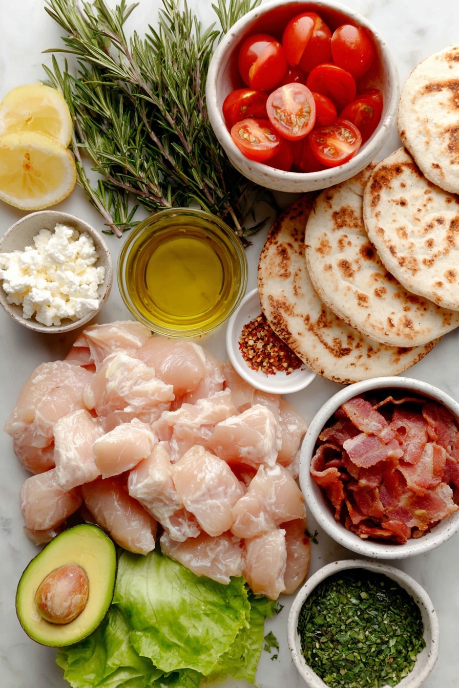 Rosemary Chicken and Avocado Bacon Pitas, flavorful chicken pita sandwiches, easy weeknight dinner ideas, healthy lunch recipes, bacon avocado pita wraps - Flat lay of boneless skinless chicken breast pieces, a small bunch of fresh rosemary sprigs, a whole shallot with its papery skin, two whole cloves of garlic, a ripe avocado diced, four thick slices of cooked bacon crumbled, four fresh round pita breads, crisp green lettuce leaves, halved ripe red tomatoes, a small white ceramic bowl of extra virgin olive oil, a small white ceramic bowl of lemon juice, lemon wedges quartered, a small white ceramic bowl of crumbled feta cheese, a small white ceramic bowl of honey, a small white ceramic bowl with red pepper flakes, a small white ceramic bowl of mixed fresh herbs such as dill, basil, and parsley placed on a clean white marble surface, soft natural light, photo taken with an iPhone, professional food photography style, fresh ingredients, white ceramic bowls, no bottles, no duplicates, no utensils, no packaging --ar 2:3 --v 7 --p m7354615311229779997