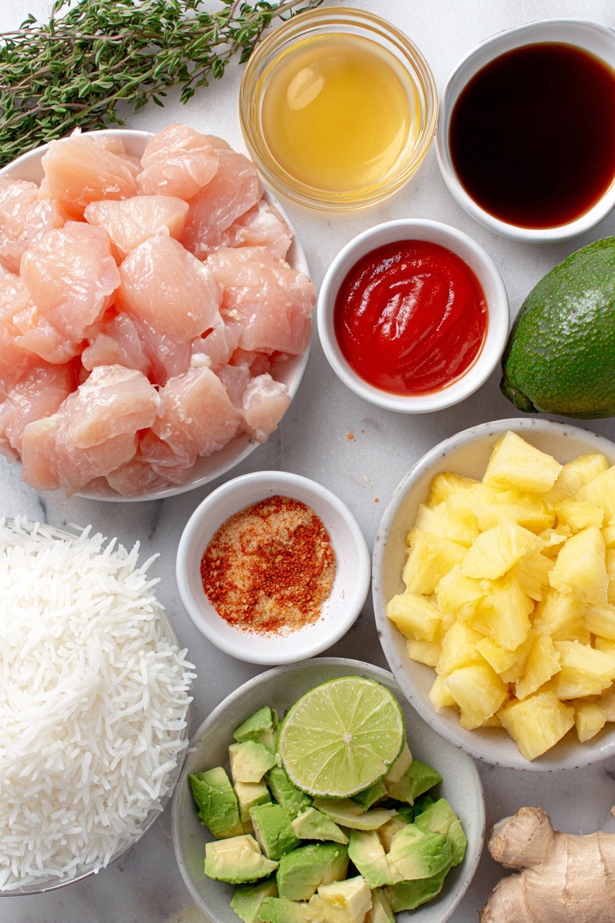 Pineapple Chicken with Coconut Rice, tropical chicken recipes, quick pineapple chicken dinner, easy coconut rice recipes, flavorful chicken and rice meal - Flat lay of boneless skinless chicken breast pieces arranged neatly, a small white bowl of low-sodium soy sauce, a small white bowl filled with golden pineapple juice, a small white bowl holding light brown granulated brown sugar, a small white bowl with vibrant red ketchup, a whole fresh shallot, unpeeled and chopped garlic cloves scattered, a small mound of grated ginger, a small pinch of red pepper flakes on white ceramic, a small white bowl of amber sesame oil, fresh bright green cilantro sprigs, fresh golden pineapple chunks, a halved jalapeño with seeds removed beside chopped pieces, a whole lime halved to show juicy interior, fresh thyme leaves, a ripe avocado diced with green and creamy textures visible, uncooked basmati rice grains arranged in a small white bowl, a simple white bowl containing creamy white coconut milk, all ingredients laid out with perfect symmetry on a clean white marble surface, soft natural light, photo taken with an iPhone, professional food photography style, fresh ingredients, white ceramic bowls, no bottles, no duplicates, no utensils, no packaging --ar 2:3 --v 7 --p m7354615311229779997