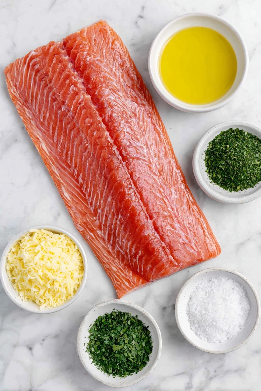 Crispy Parmesan Baked Salmon, Baked Salmon with Parmesan Crust, Easy Salmon Dinner, Healthy Seafood Recipes, Quick Fish Recipes - Flat lay of a fresh, whole salmon fillet with vibrant pink flesh, a small white bowl of golden olive oil, another small white bowl filled with finely grated pale Parmesan cheese, a small white bowl holding bright yellow lemon juice, a small white bowl with dried green parsley flakes, a small white bowl containing off-white garlic powder, a small white bowl of coarse white salt crystals, and a small white bowl of cracked black peppercorns, all arranged symmetrically for perfect balance, placed on a clean white marble surface, soft natural light, photo taken with an iPhone, professional food photography style, fresh ingredients, white ceramic bowls, no bottles, no duplicates, no utensils, no packaging --ar 2:3 --v 7 --p m7354615311229779997