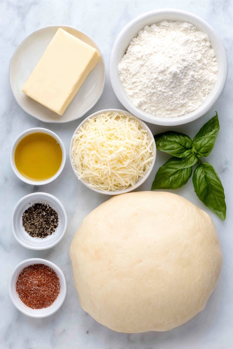 Garlic White Pizza with Parmesan, garlic white pizza, cheesy garlic pizza, homemade garlic pizza, parmesan white pizza - Flat lay of a small slab of unsalted butter, a small white bowl of all-purpose flour, a small white bowl of whole milk, a pinch of sea salt in a tiny white bowl, a pinch of black pepper in a tiny white bowl, three fresh garlic cloves, a small white bowl of freshly grated parmesan cheese, a round homemade pizza dough crust, a mound of low-moisture shredded mozzarella cheese, a small white bowl of Italian seasoning, a small white bowl of olive oil, and a small pile of fresh basil chiffonade all arranged symmetrically on a clean white marble surface, soft natural light, photo taken with an iPhone, professional food photography style, fresh ingredients, white ceramic bowls, no bottles, no duplicates, no utensils, no packaging --ar 2:3 --v 7 --p m7354615311229779997