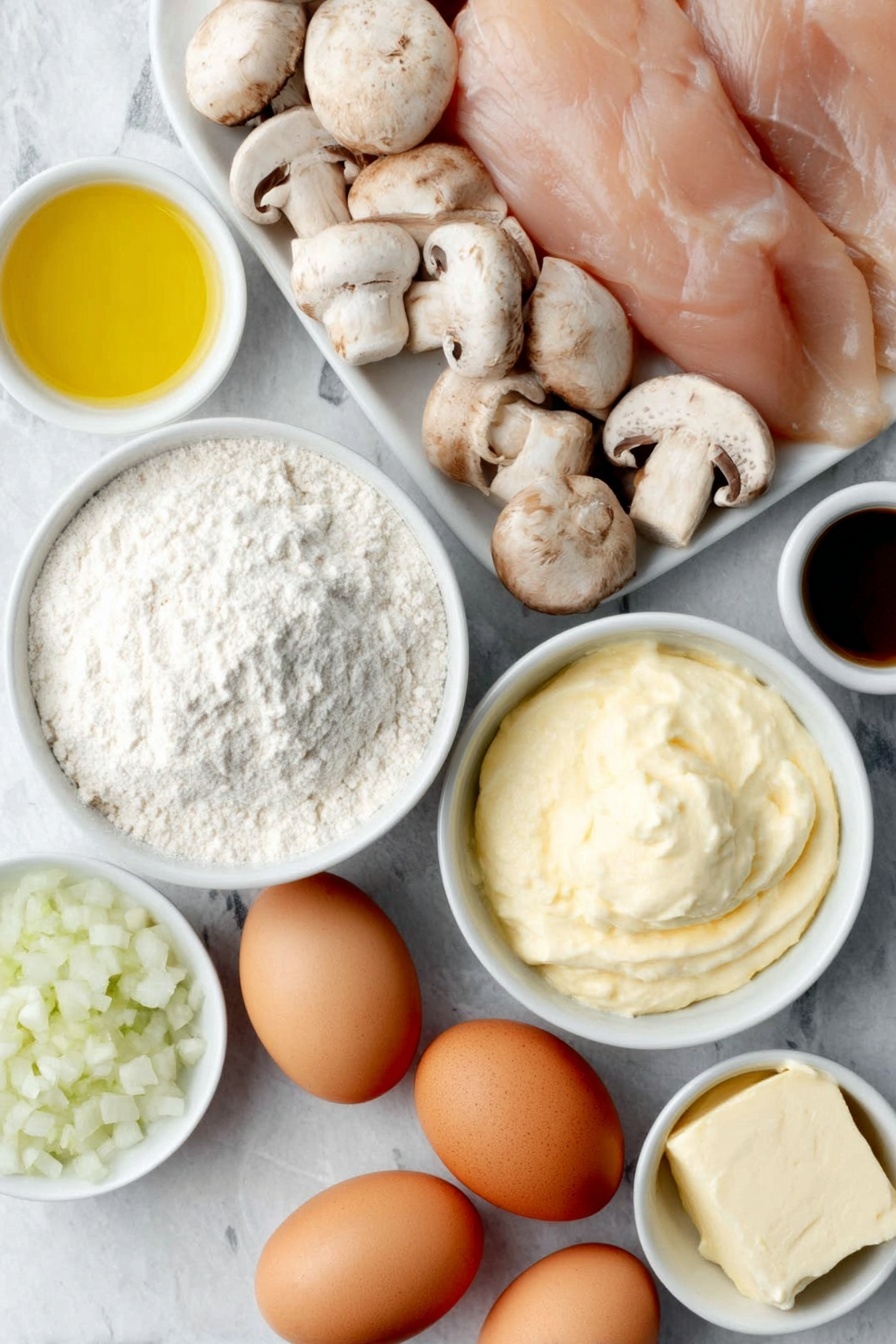 Creamy Chicken Mushroom Stroganoff, Chicken Mushroom Stroganoff, Easy Chicken Stroganoff, Comforting Mushroom Pasta, Homemade Stroganoff Dinner - Flat lay of fresh raw chicken breasts cut into pieces, whole cremini mushrooms with a few sliced, a small white bowl of all-purpose flour, a small white bowl of golden olive oil, a small white dish of pale yellow butter, a small white bowl of chopped white onion, three whole garlic cloves next to a small pile of minced garlic, a small white bowl of smooth Dijon mustard, a small white bowl of dark Worcestershire sauce, a small white bowl of golden chicken broth, a small white bowl of creamy full-fat sour cream, two whole uncracked brown eggs, arranged symmetrically and balanced, placed on a clean white marble surface, soft natural light, photo taken with an iPhone, professional food photography style, fresh ingredients, white ceramic bowls, no bottles, no duplicates, no utensils, no packaging --ar 2:3 --v 7 --p m7354615311229779997
