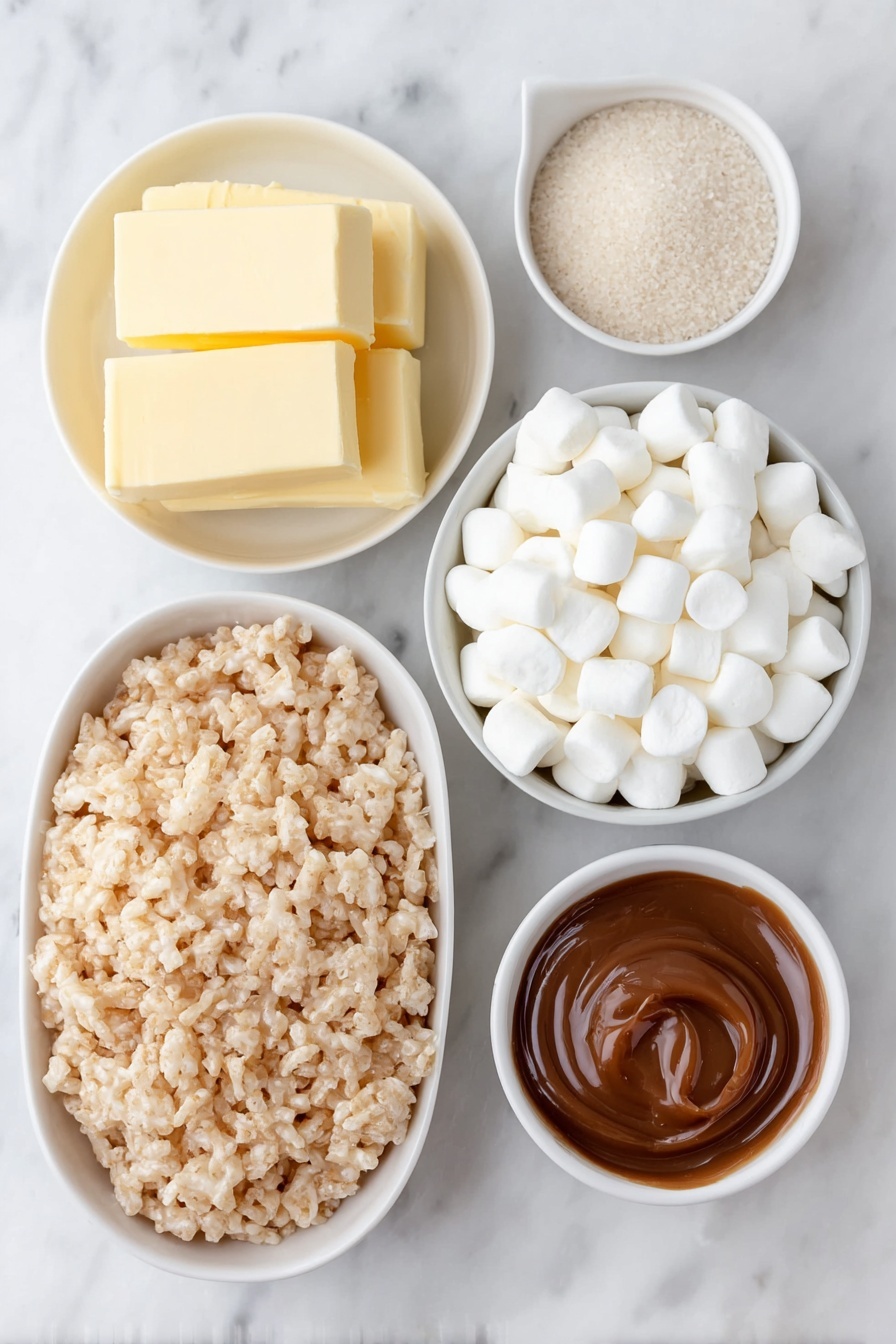 Brown Butter Dulce de Leche Rice Krispie Treats, Rice Krispie Treats with Dulce de Leche, Gourmet Rice Krispie Bars, Nutty Brown Butter Rice Krispies, Easy Dulce de Leche Dessert - Flat lay of  a few golden cubes of fresh butter with some browned flecks, a small white ceramic bowl of fine-grain sea salt, a small white ceramic bowl piled high with soft white mini marshmallows, a large white ceramic bowl heaping with cinnamon sugar coated Rice Krispies cereal, a small white ceramic bowl filled with smooth caramel-colored dulce de leche, a small white ceramic bowl holding clear, pale vanilla extract, all arranged with perfect symmetry and realistic proportions, placed on a clean white marble surface, soft natural light, photo taken with an iPhone, professional food photography style, fresh ingredients, white ceramic bowls, no bottles, no duplicates, no utensils, no packaging --ar 2:3 --v 7 --p m7354615311229779997