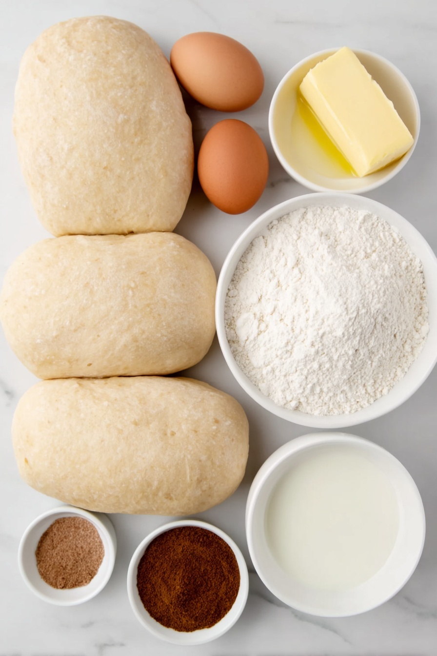 Cinnamon Monkey Bread with Creamy Icing, easy cinnamon monkey bread, homemade cinnamon pull-apart bread, buttery cinnamon sweet treat, cinnamon bread with glaze - Flat lay of three fresh whole loaves of rustic bread dough, a small white ceramic bowl of melted golden butter, a small white ceramic bowl filled with white granulated sugar, a small white ceramic bowl of warm brown ground cinnamon, a small white ceramic bowl of fine white powdered sugar, a whole uncracked brown egg, a small white ceramic bowl of creamy vanilla extract, a small white ceramic bowl of fresh milk placed on a clean white marble surface, soft natural light, photo taken with an iPhone, professional food photography style, fresh ingredients, white ceramic bowls, no bottles, no duplicates, no utensils, no packaging --ar 2:3 --v 7 --p m7354615311229779997