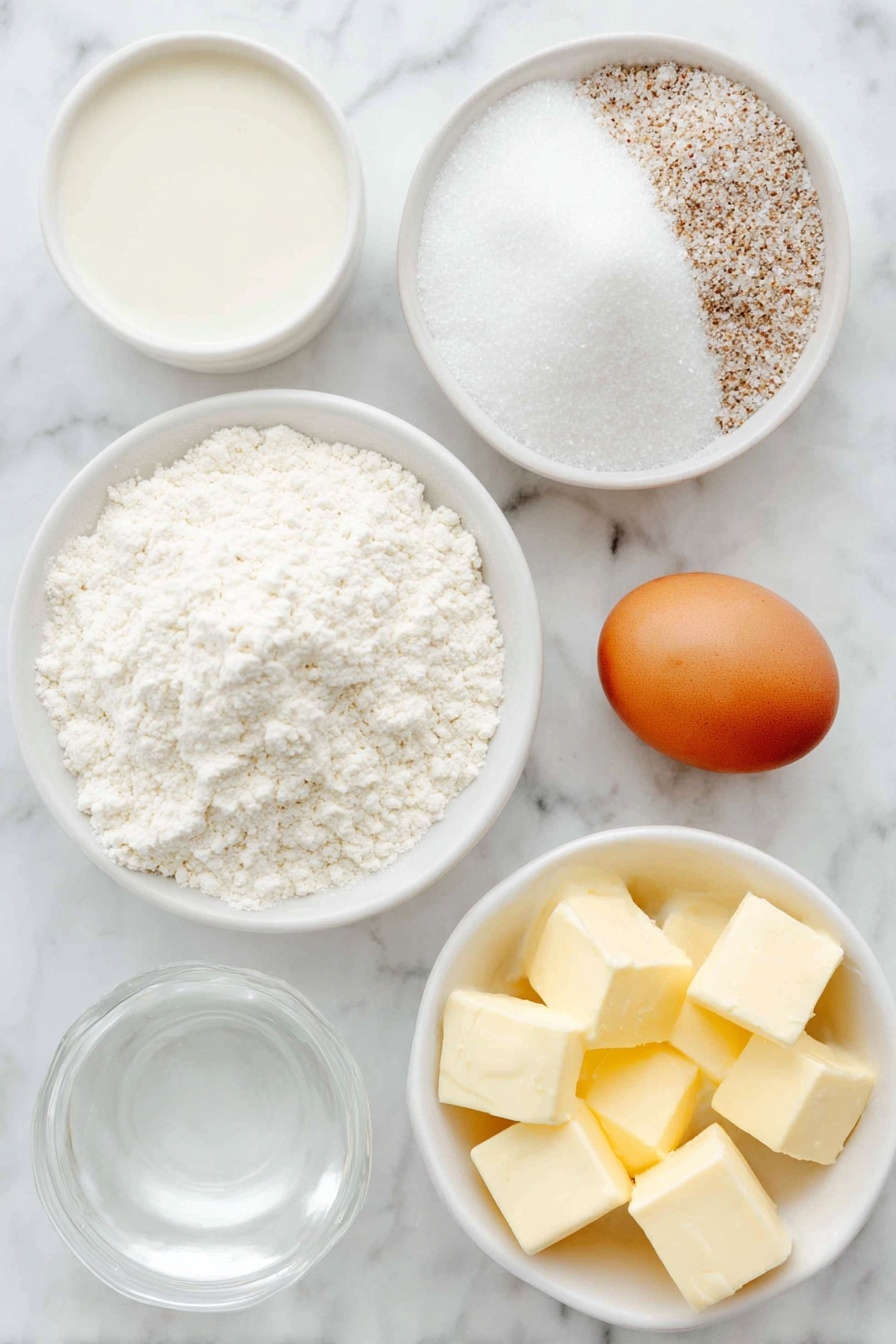 Croissant Bread, flaky bread recipe, laminated dough loaf, buttery bread, easy croissant-inspired bread - Flat lay of a small white ceramic bowl with warm whole milk, a few teaspoons of granular yeast sprinkled beside, a small mound of granulated sugar, a pinch of salt scattered next to it, three soft golden cubes of butter, a white ceramic bowl holding all-purpose flour, a rectangular slab of salted butter cut into thin slices, a single whole brown egg with a clean shell, and a small white ceramic bowl containing clear water, all arranged symmetrically on a clean white marble surface, soft natural light, photo taken with an iPhone, professional food photography style, fresh ingredients, white ceramic bowls, no bottles, no duplicates, no utensils, no packaging --ar 2:3 --v 7 --p m7354615311229779997