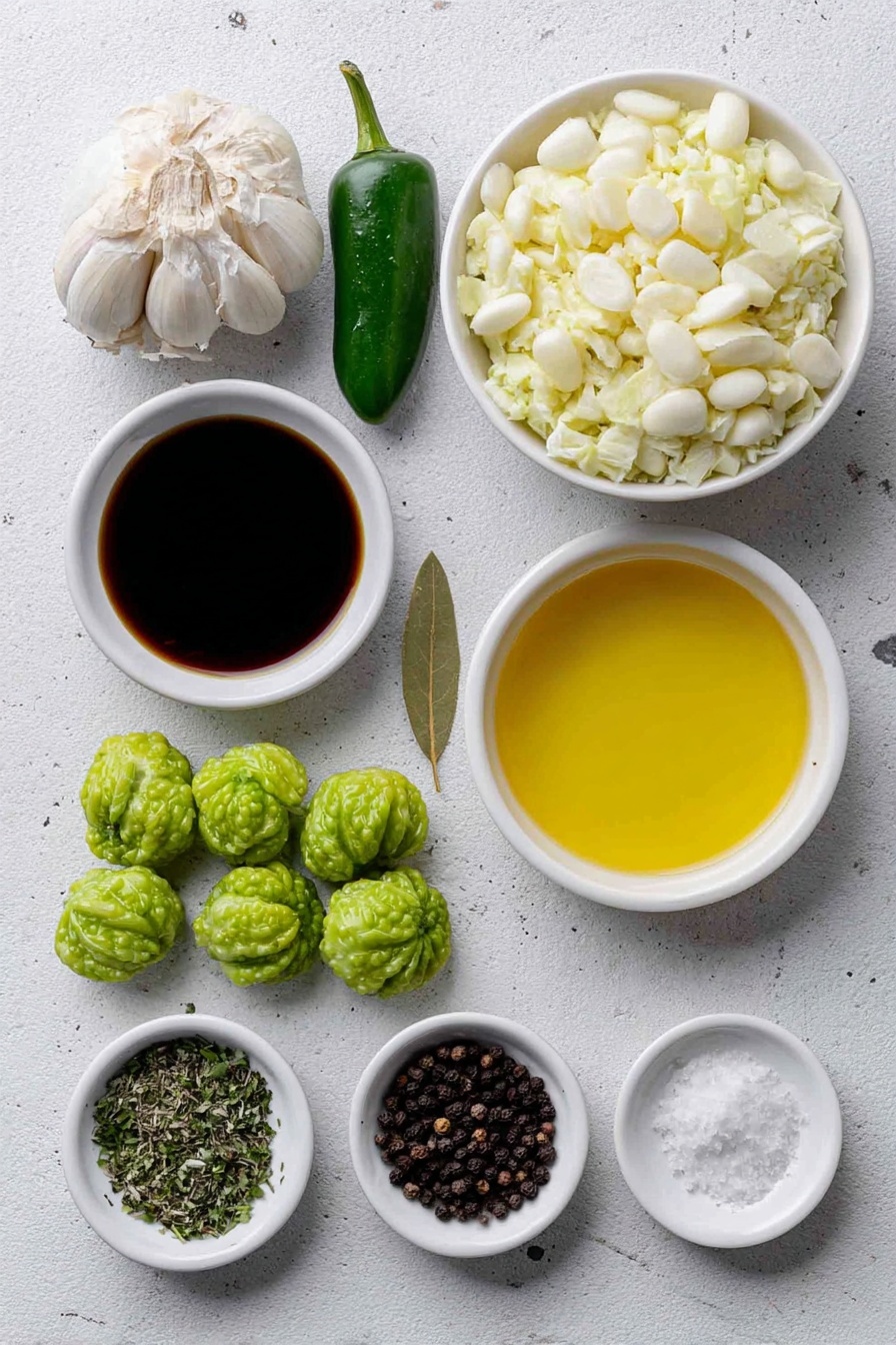 Chicken Pozole Verde Soup, Mexican green pozole, green pozole recipe, flavorful chicken soup, easy Mexican soup recipe - Flat lay of a small pool of golden olive oil in a simple white ceramic bowl, one large peeled and chopped white onion, one fresh green jalapeño pepper, two dark green poblano peppers, six cloves of garlic, peeled and whole, a small pile of bright green quartered tomatillos with papery husks removed, a small handful of fresh cilantro sprigs with leaves and tender stems, two teaspoons of dried oregano in a white ceramic bowl, two teaspoons of ground cumin in a white ceramic bowl, one teaspoon of ground coriander in a white ceramic bowl, one single fresh bay leaf, a small white bowl filled with coarse salt crystals, two skinless, boneless raw chicken thighs, one small white ceramic bowl of drained and rinsed hominy kernels, and a few whole black peppercorns scattered tastefully, all arranged symmetrically in balanced proportions on a clean white marble surface, soft natural light, photo taken with an iPhone, professional food photography style, fresh ingredients, white ceramic bowls, no bottles, no duplicates, no utensils, no packaging --ar 2:3 --v 7 --p m7354615311229779997