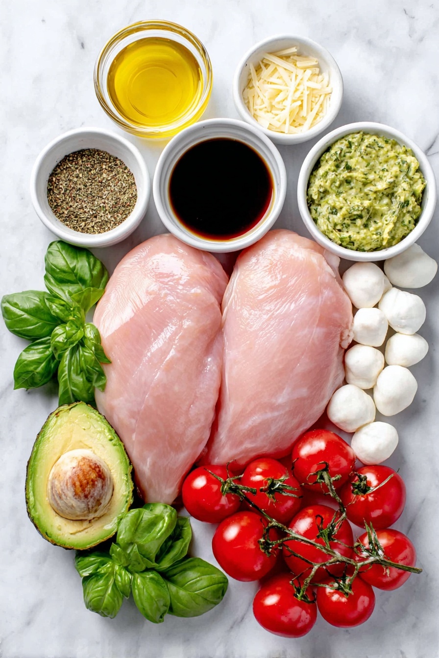 Balsamic Chicken with Tomato Mozzarella, Balsamic Chicken, Easy Chicken Dinner, One-Pan Chicken Recipes, Delicious Chicken with Mozzarella - Flat lay of two whole boneless, skinless chicken breasts, a small white ceramic bowl with deep brown balsamic vinegar, a small white bowl of golden honey, a small white bowl of light green avocado oil, two peeled garlic cloves, a small white bowl of mixed Italian seasoning herbs, a small white bowl of smooth Dijon mustard, a cluster of halved vibrant red grape tomatoes, fresh white mozzarella ciliegine balls, and a few bright green basil sprigs, all arranged with perfect symmetry on a clean white marble surface, soft natural light, photo taken with an iPhone, professional food photography style, fresh ingredients, white ceramic bowls, no bottles, no duplicates, no utensils, no packaging --ar 2:3 --v 7 --p m7354615311229779997