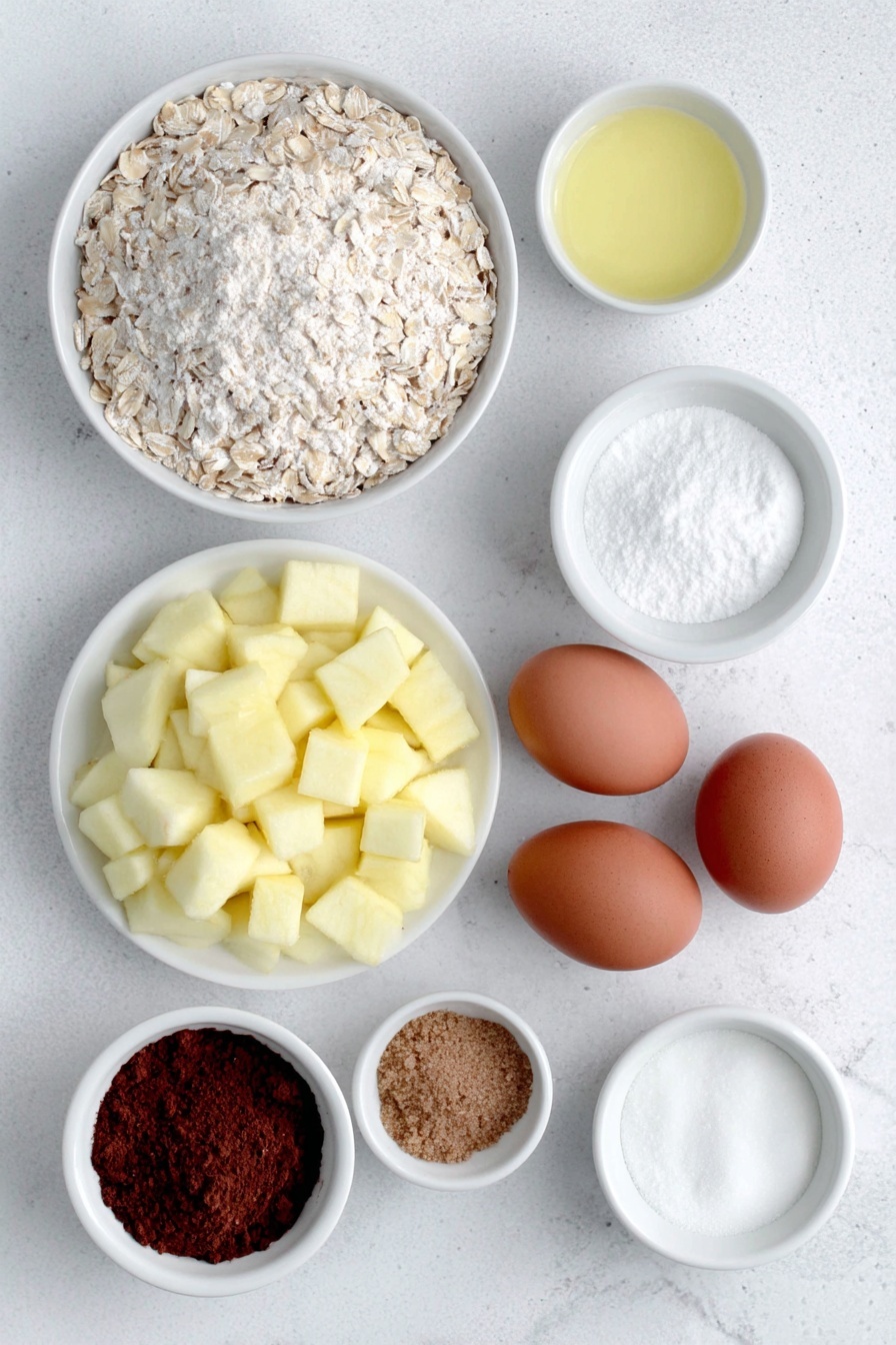 Apple Cinnamon Baked Oatmeal, healthy baked oatmeal breakfast, easy apple cinnamon brunch, cozy breakfast recipes, wholesome apple baked oats - Flat lay of a small mound of old fashioned oats, a small white bowl of white sugar, a small white bowl of packed brown sugar, a small white bowl of baking powder, a small white bowl of ground cinnamon, a small white bowl of table salt, a small white bowl of milk, two whole brown eggs with clean shells, a small white bowl of vanilla extract, a small white bowl of melted salted butter, fresh peeled apple chunks arranged neatly on a simple white ceramic plate, placed on a clean white marble surface, soft natural light, photo taken with an iPhone, professional food photography style, fresh ingredients, white ceramic bowls, no bottles, no duplicates, no utensils, no packaging --ar 2:3 --v 7 --p m7354615311229779997