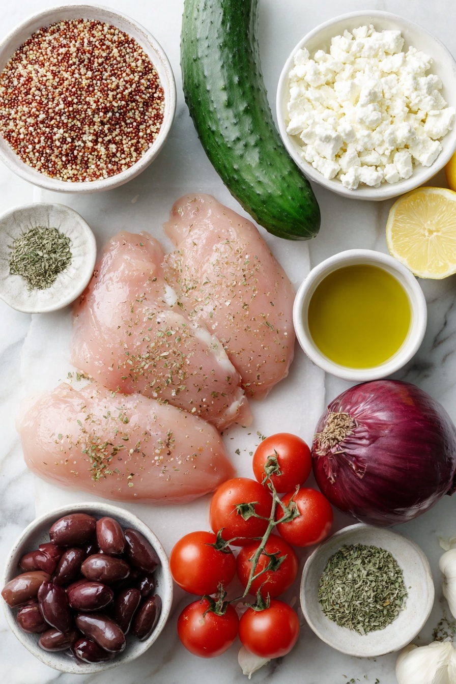Greek Chicken Quinoa Bowl, Greek Chicken Quinoa Salad, Mediterranean Chicken Bowl, Healthy Quinoa Bowls, Easy Greek Chicken Dinner - Flat lay of a small heap of uncooked quinoa grains, four raw boneless skinless chicken breasts with a natural pink tone, one whole English cucumber with deep green skin, four ripe Roma tomatoes with bright red skin, one medium red onion with smooth purple outer layers, a small white ceramic bowl of crumbled white feta cheese, a small white ceramic bowl of dark purple kalamata olives, two whole lemons—one cut in half showing juicy pulp, a small white ceramic bowl of golden olive oil, a small white ceramic bowl of light amber honey, one whole garlic bulb with papery white skin beside a few minced garlic cloves, a small white ceramic bowl with dried green oregano leaves, a small white ceramic bowl with dried light green basil leaves, a small white ceramic bowl of coarse kosher salt, a small white ceramic bowl of whole black peppercorns placed on a clean white marble surface, soft natural light, photo taken with an iPhone, professional food photography style, fresh ingredients, white ceramic bowls, no bottles, no duplicates, no utensils, no packaging --ar 2:3 --v 7 --p m7354615311229779997